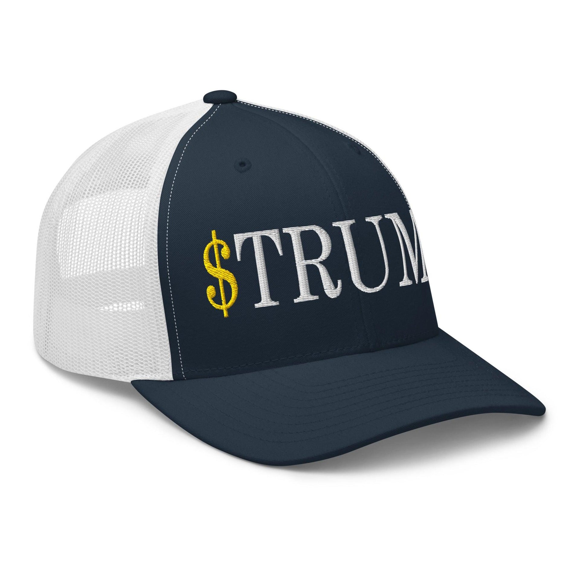 Premium $Trump Official Trump Meme Coin Embroidered Retro Mesh Trucker Hat | Custom Embroidery Available - Fast Turnaround Capital Crowns Crypto LADs Trucker Hats