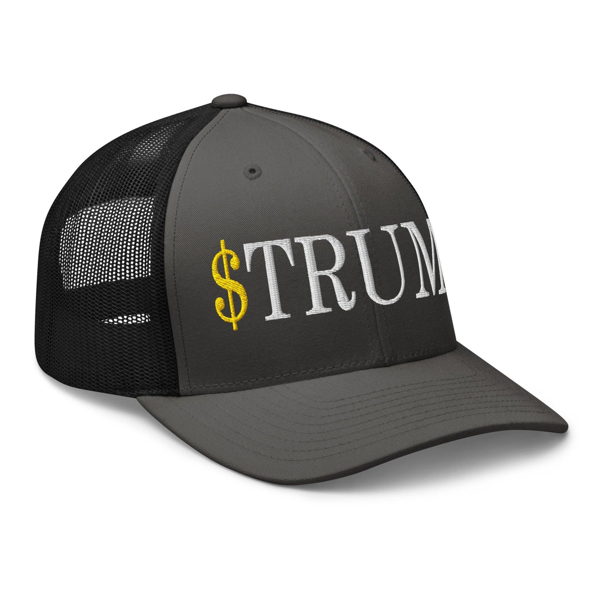 Premium $Trump Official Trump Meme Coin Embroidered Retro Mesh Trucker Hat | Custom Embroidery Available - Fast Turnaround Capital Crowns Crypto LADs Trucker Hats