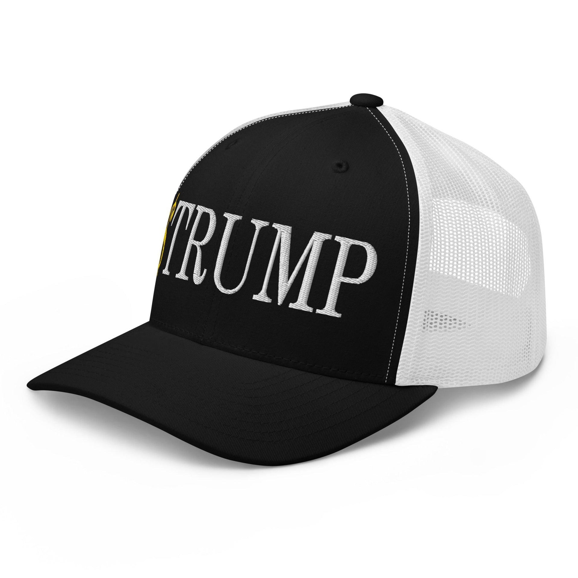 Premium $Trump Official Trump Meme Coin Embroidered Retro Mesh Trucker Hat | Custom Embroidery Available - Fast Turnaround Capital Crowns Crypto LADs Trucker Hats