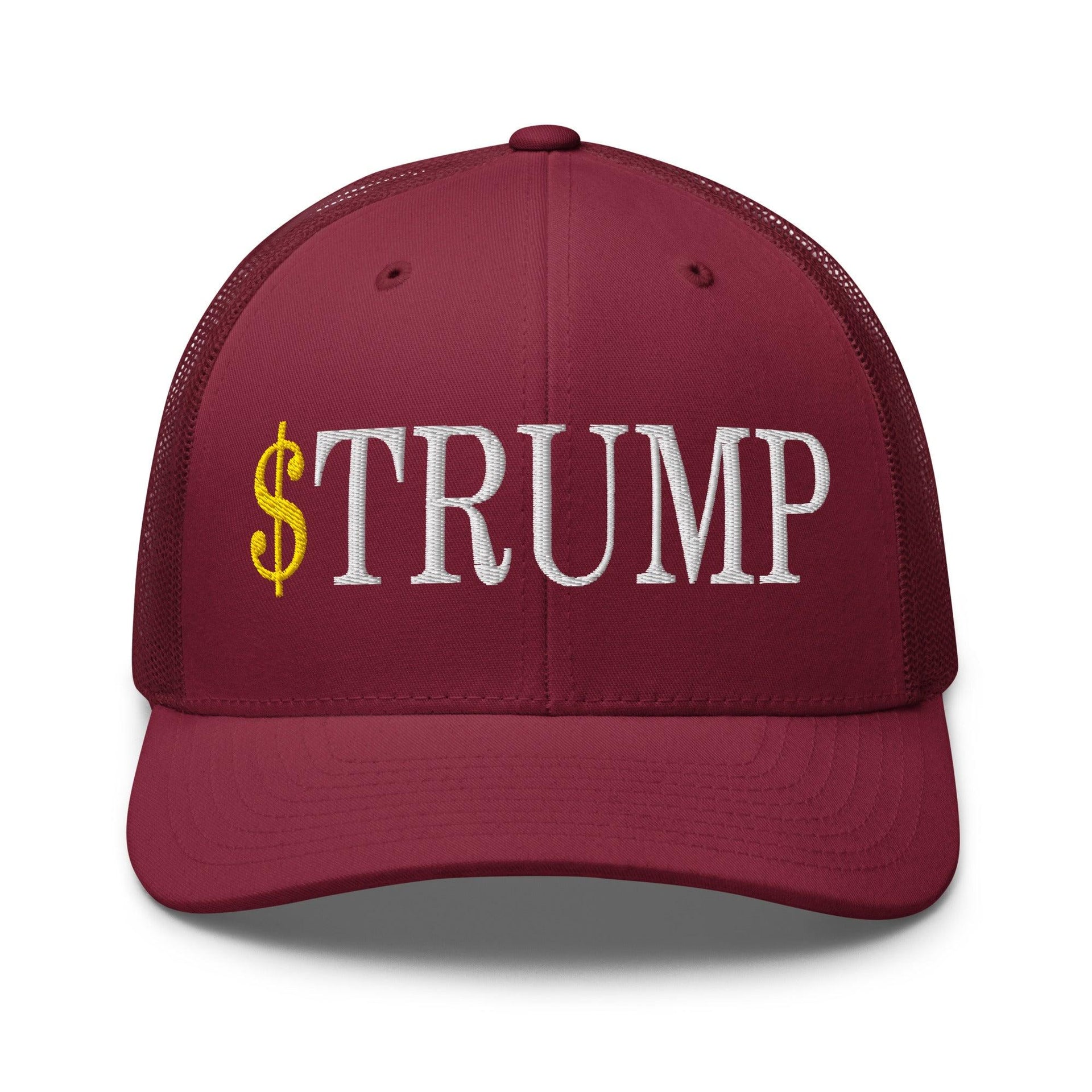 Premium $Trump Official Trump Meme Coin Embroidered Retro Mesh Trucker Hat | Custom Embroidery Available - Fast Turnaround Cranberry Capital Crowns Crypto LADs Trucker Hats