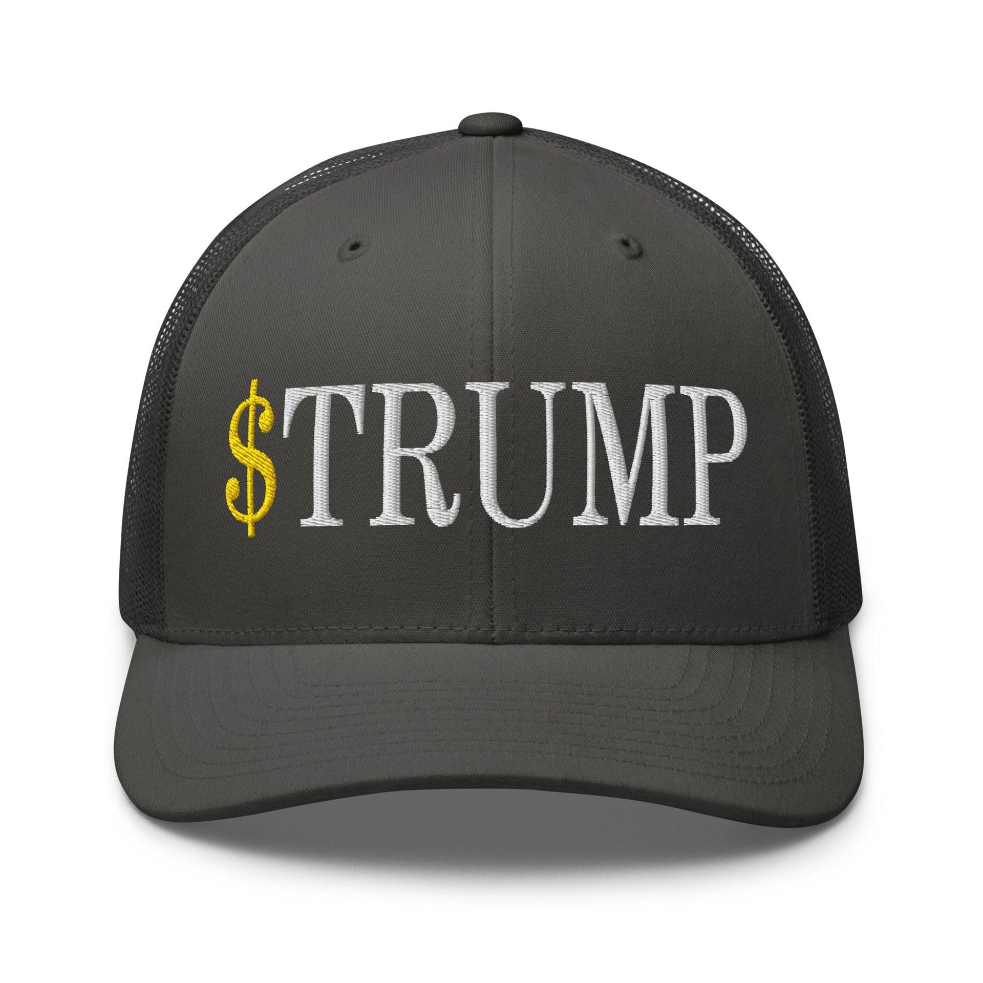 Premium $Trump Official Trump Meme Coin Embroidered Retro Mesh Trucker Hat | Custom Embroidery Available - Fast Turnaround Charcoal Capital Crowns Crypto LADs Trucker Hats