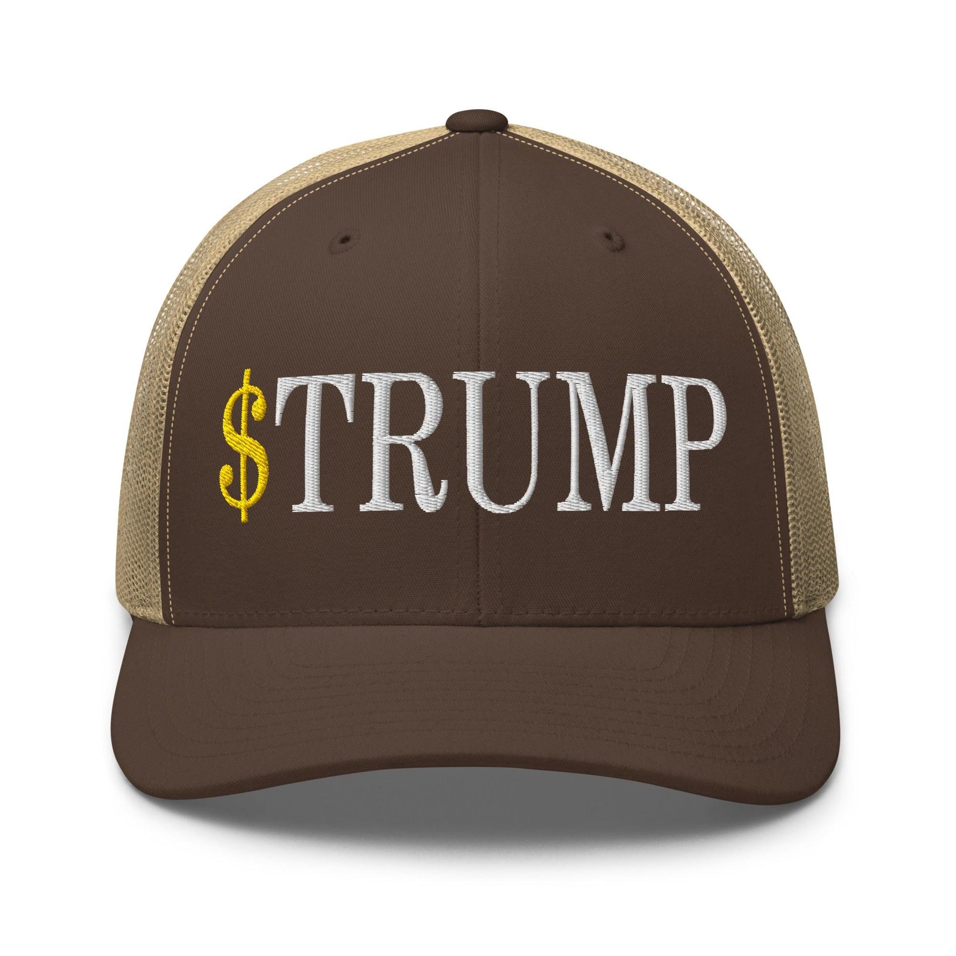 Premium $Trump Official Trump Meme Coin Embroidered Retro Mesh Trucker Hat | Custom Embroidery Available - Fast Turnaround Brown Khaki Capital Crowns Crypto LADs Trucker Hats