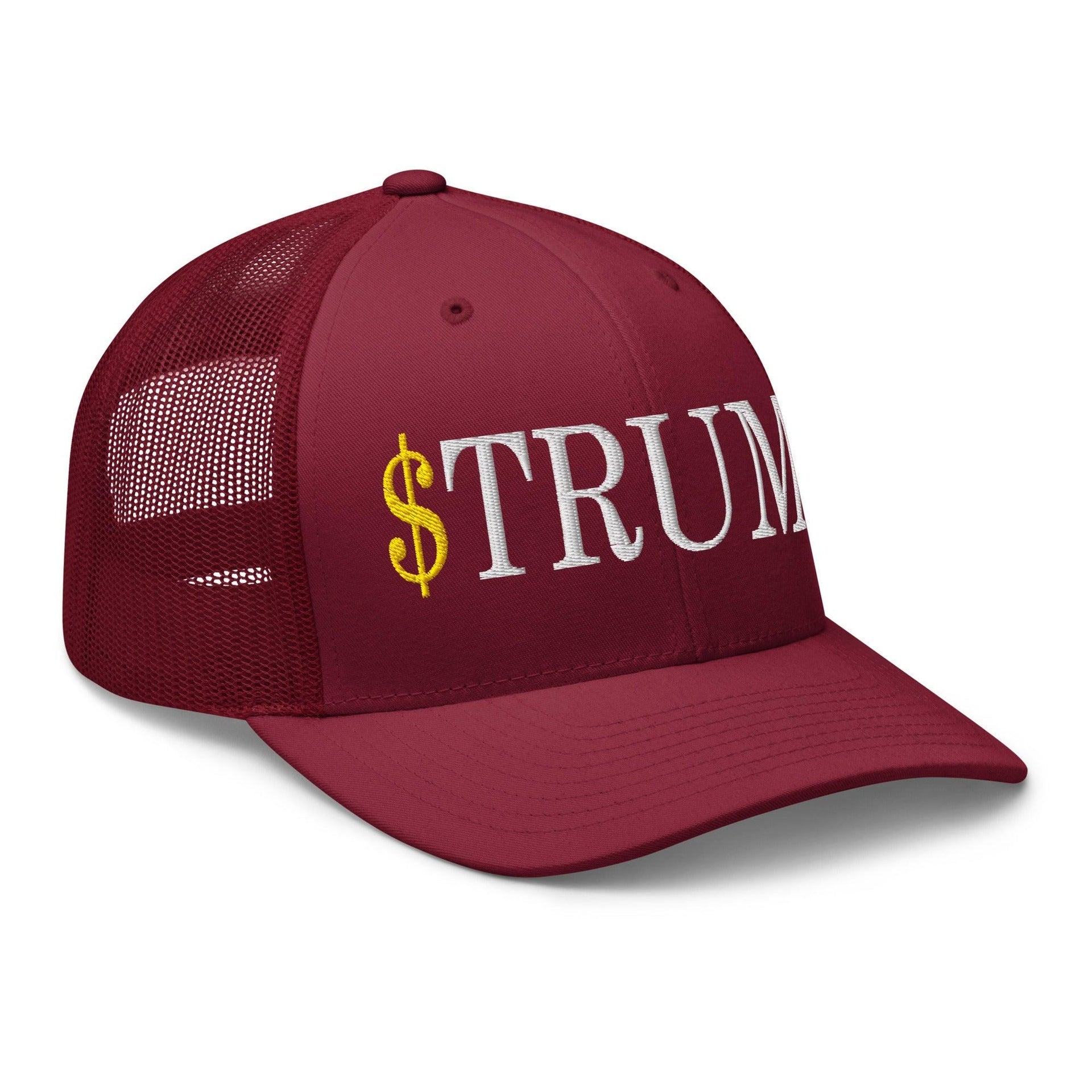 Premium $Trump Official Trump Meme Coin Embroidered Retro Mesh Trucker Hat | Custom Embroidery Available - Fast Turnaround Capital Crowns Crypto LADs Trucker Hats