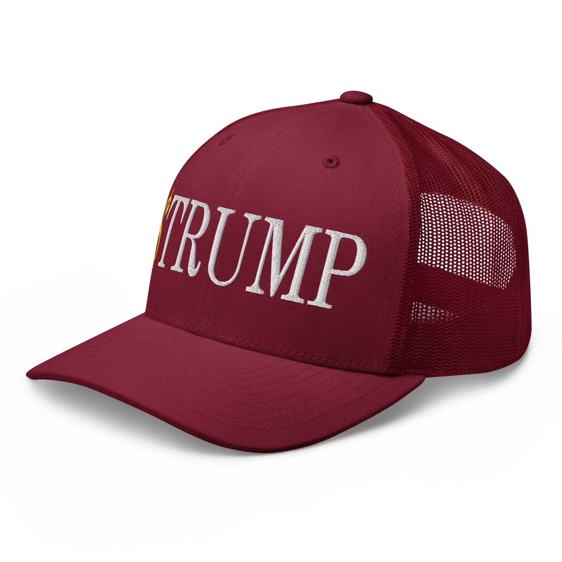 Premium $Trump Official Trump Meme Coin Embroidered Retro Mesh Trucker Hat | Custom Embroidery Available - Fast Turnaround Capital Crowns Crypto LADs Trucker Hats