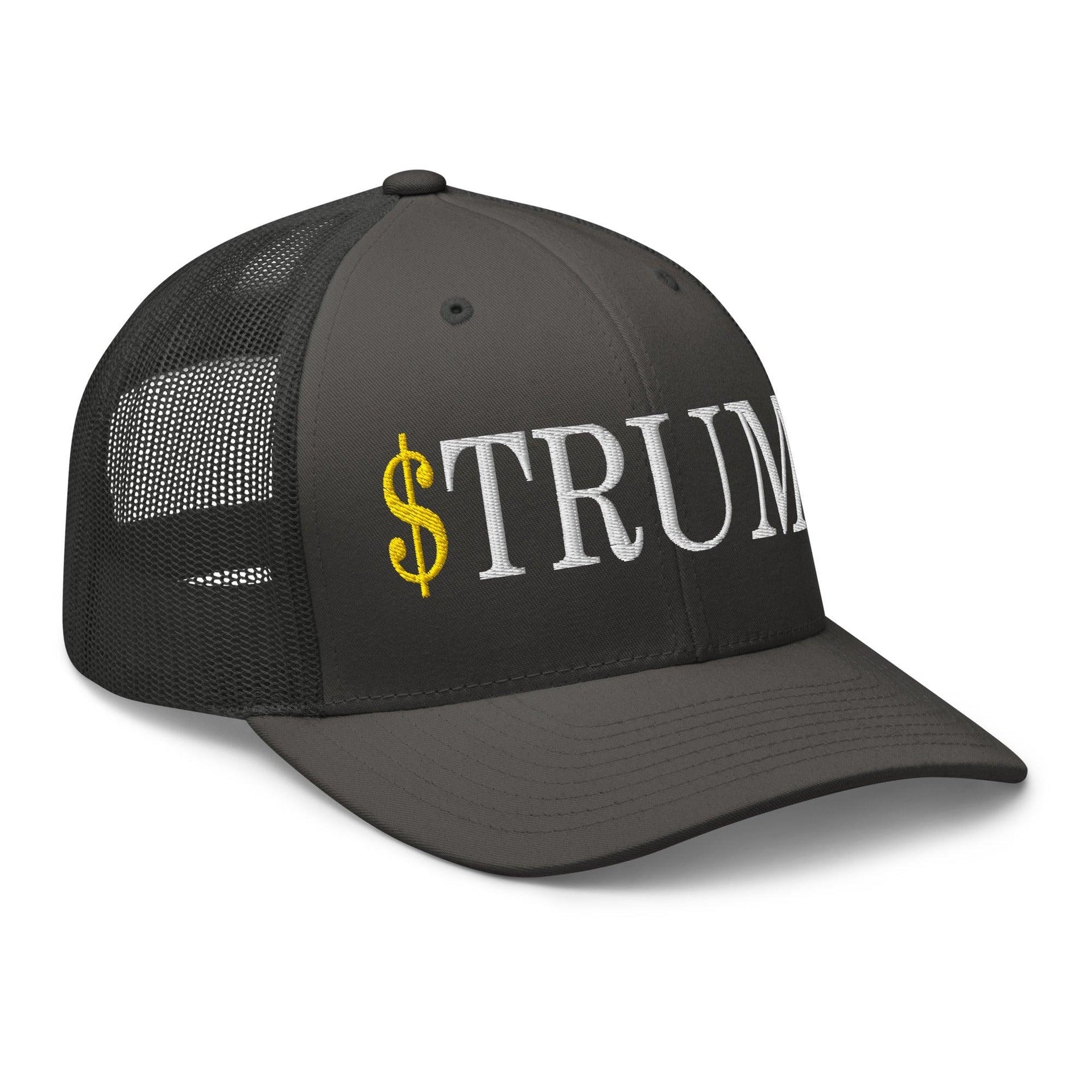 Premium $Trump Official Trump Meme Coin Embroidered Retro Mesh Trucker Hat | Custom Embroidery Available - Fast Turnaround Capital Crowns Crypto LADs Trucker Hats