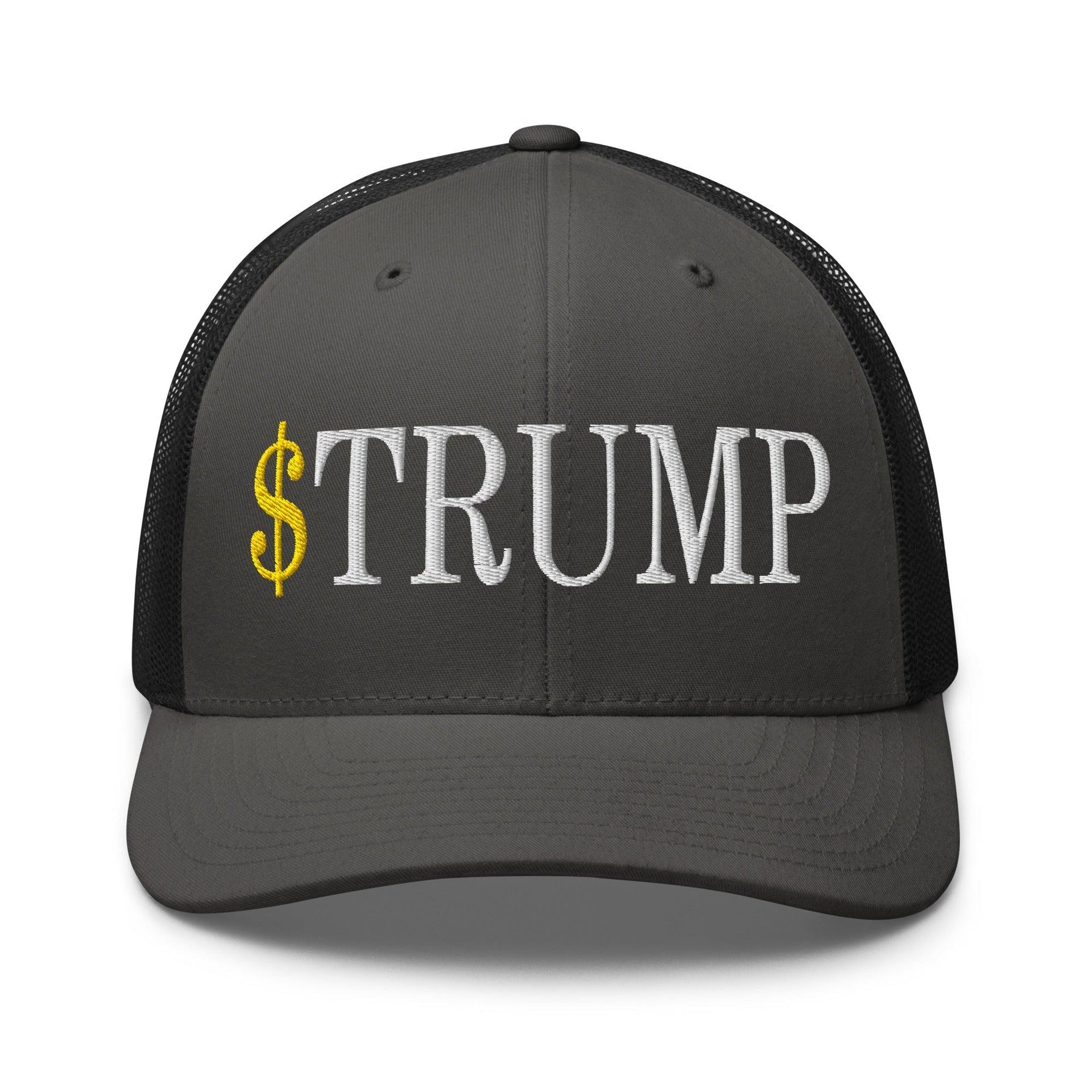 Premium $Trump Official Trump Meme Coin Embroidered Retro Mesh Trucker Hat | Custom Embroidery Available - Fast Turnaround Charcoal Black Capital Crowns Crypto LADs Trucker Hats