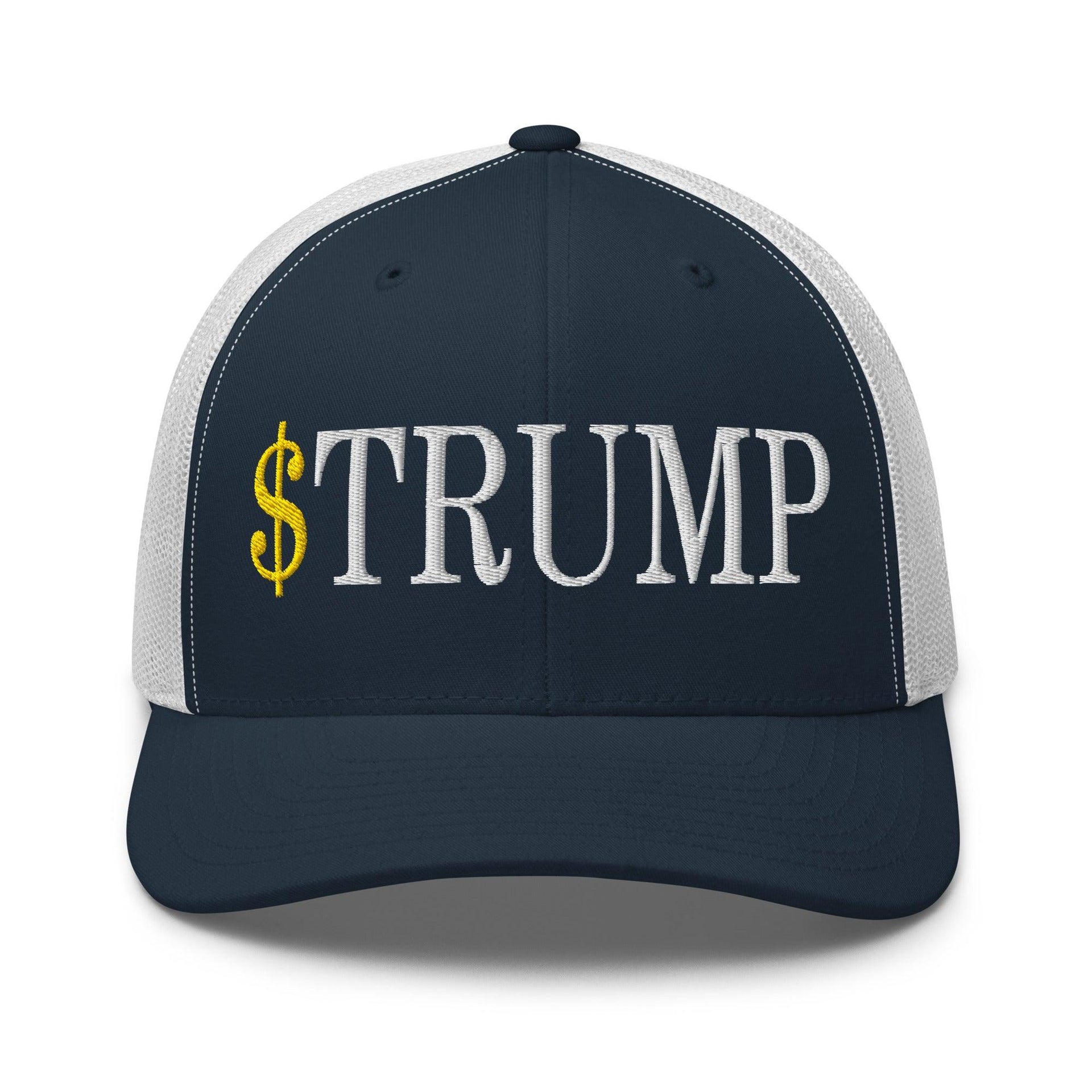 Premium $Trump Official Trump Meme Coin Embroidered Retro Mesh Trucker Hat | Custom Embroidery Available - Fast Turnaround Navy White Capital Crowns Crypto LADs Trucker Hats