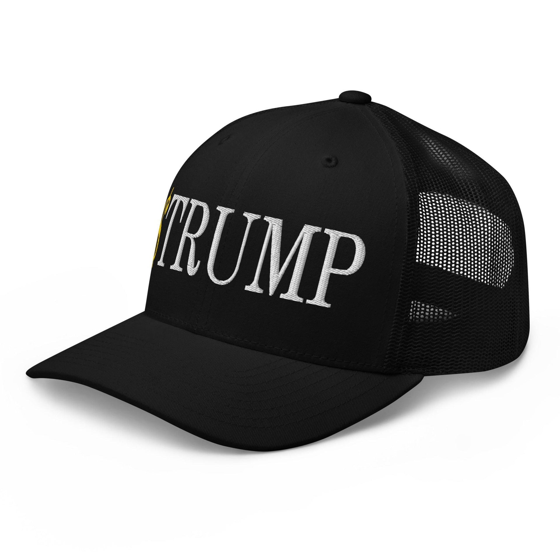 Premium $Trump Official Trump Meme Coin Embroidered Retro Mesh Trucker Hat | Custom Embroidery Available - Fast Turnaround Capital Crowns Crypto LADs Trucker Hats