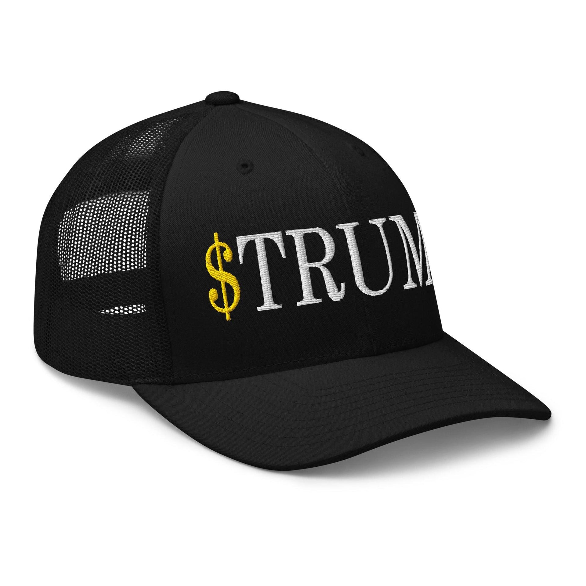 Premium $Trump Official Trump Meme Coin Embroidered Retro Mesh Trucker Hat | Custom Embroidery Available - Fast Turnaround Capital Crowns Crypto LADs Trucker Hats