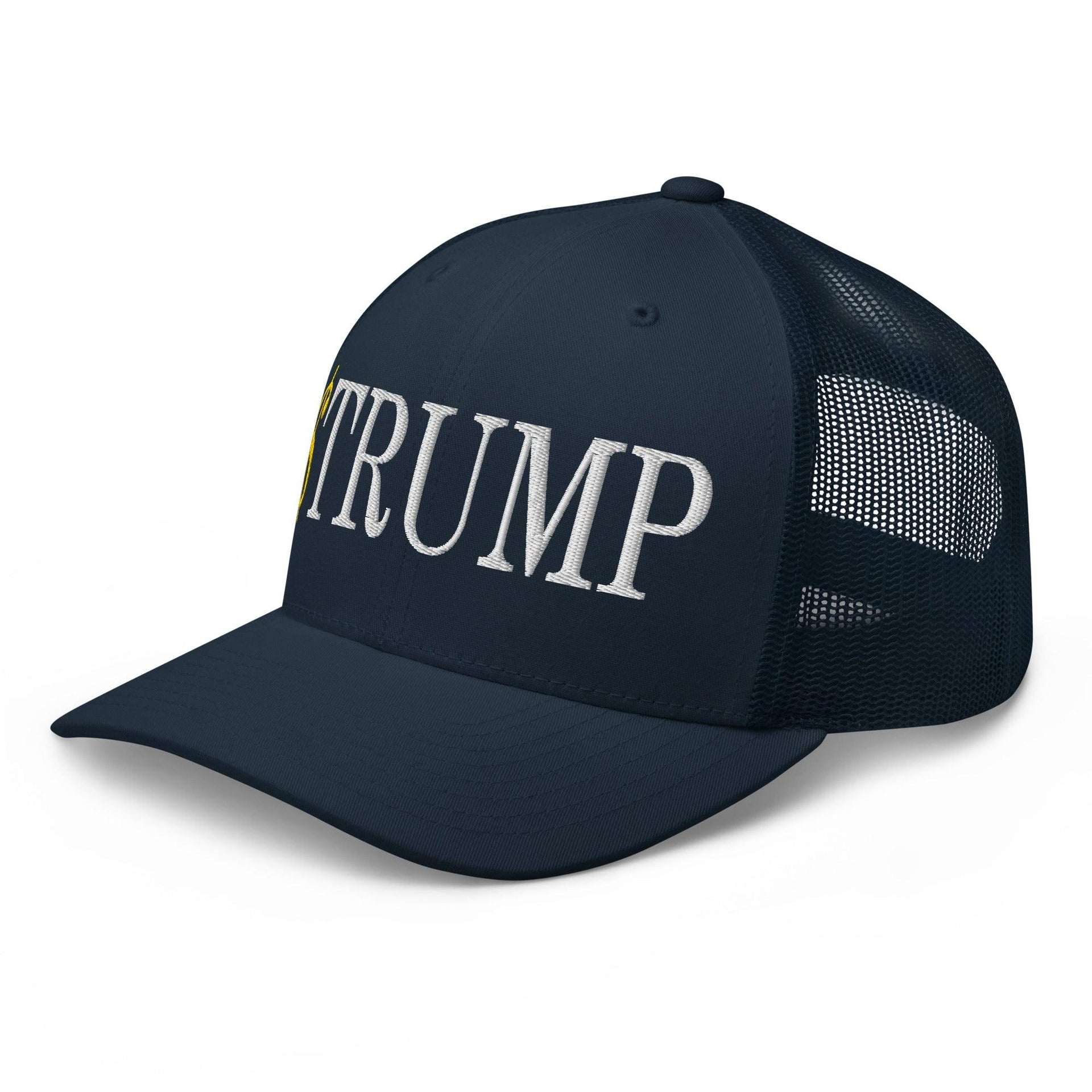Premium $Trump Official Trump Meme Coin Embroidered Retro Mesh Trucker Hat | Custom Embroidery Available - Fast Turnaround Capital Crowns Crypto LADs Trucker Hats