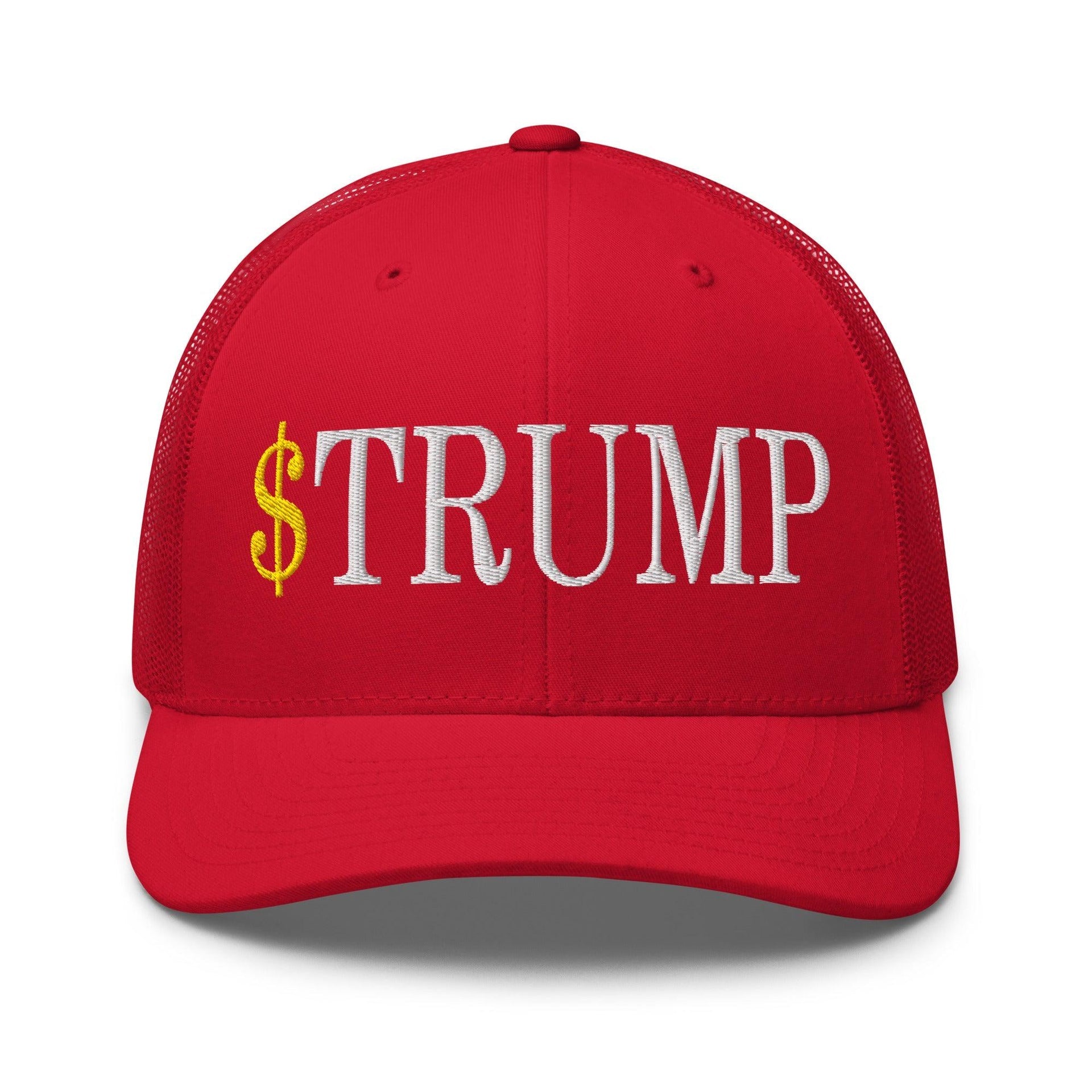 Premium $Trump Official Trump Meme Coin Embroidered Retro Mesh Trucker Hat | Custom Embroidery Available - Fast Turnaround Red Capital Crowns Crypto LADs Trucker Hats