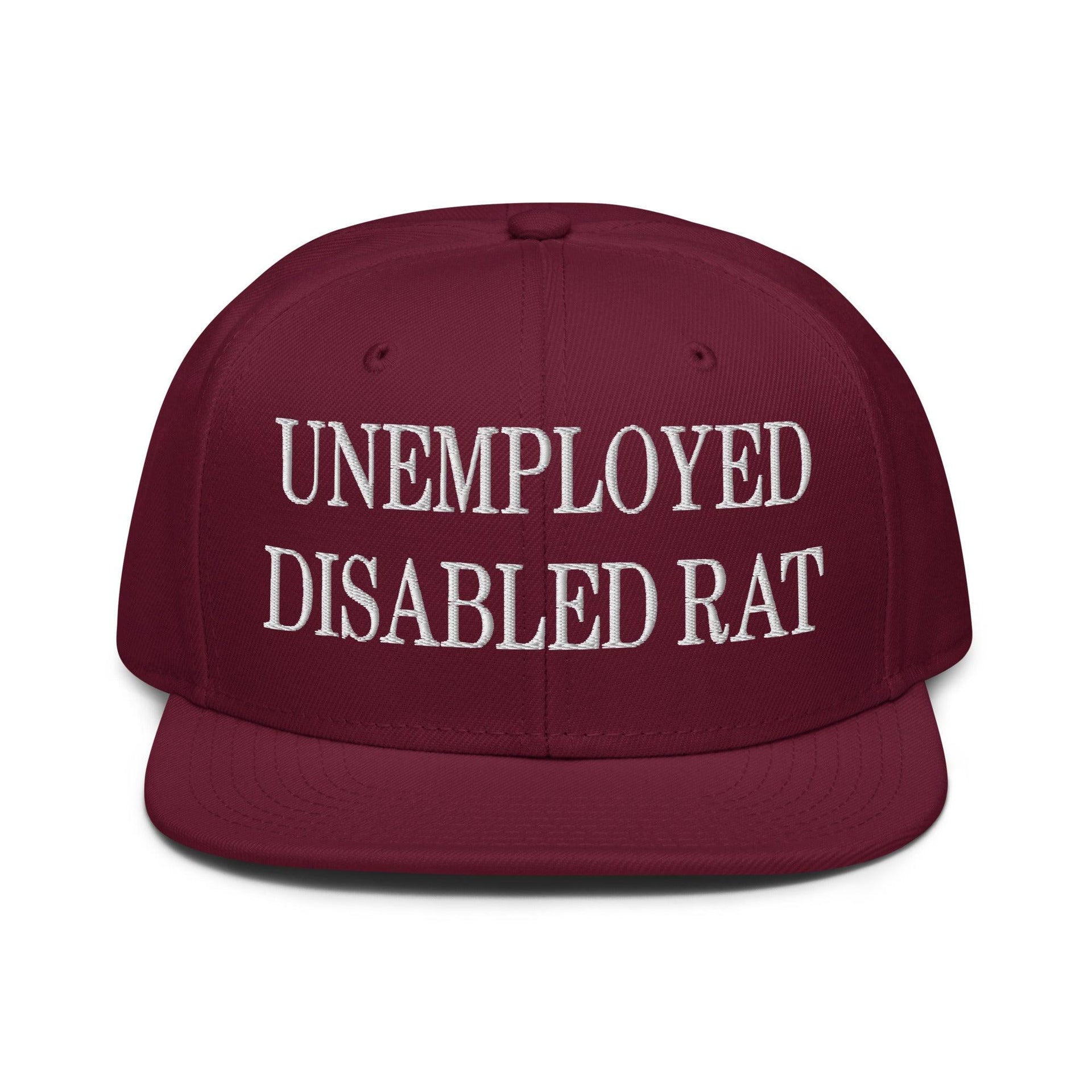 Unemployed Disabled Rat Embroidered Flat Brim Bill Snapback Hat Burgundy maroon Capital Crowns Funny Snapback Hats
