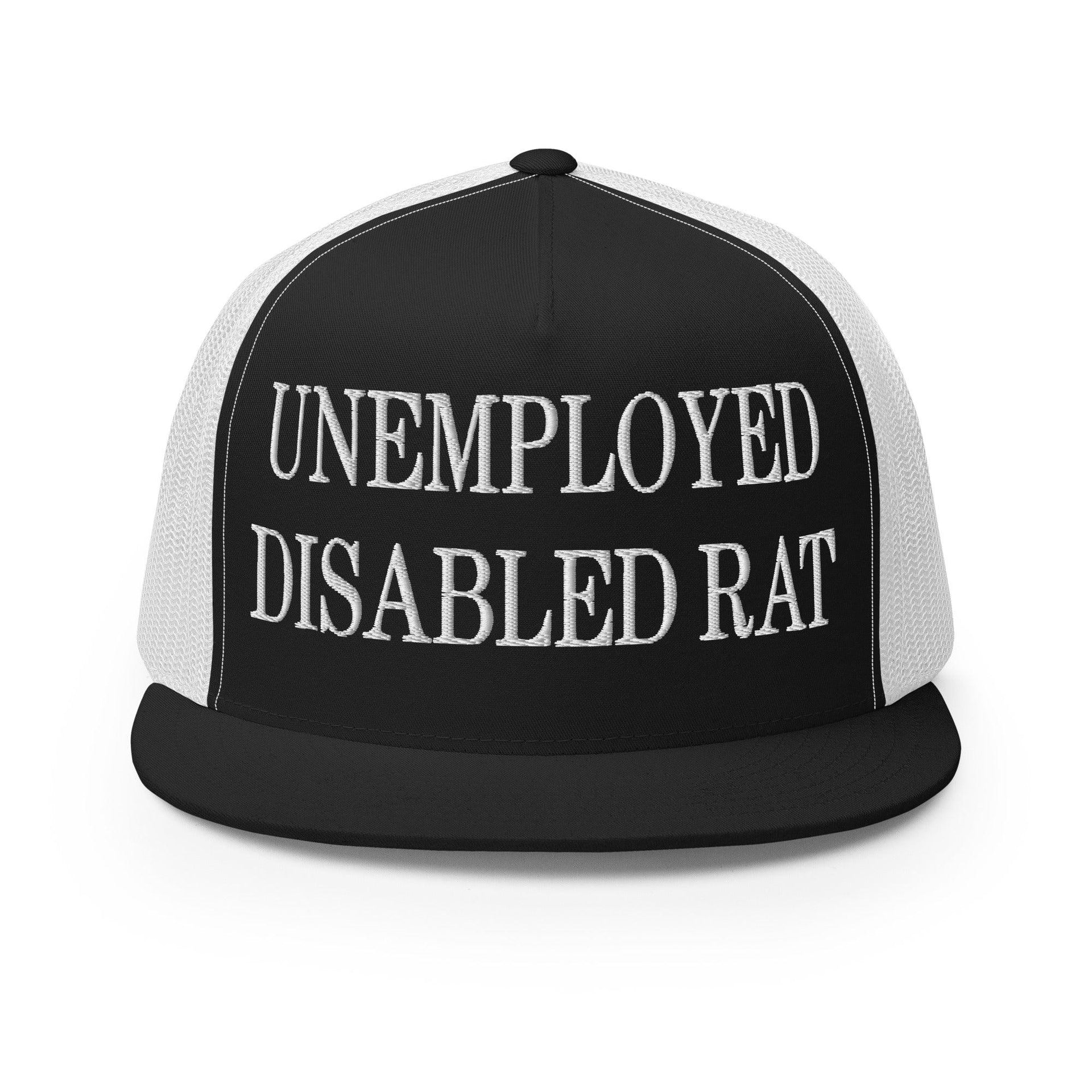 Unemployed Disabled Rat Embroidered Mesh Flat Bill Brim Trucker Hat Black White Capital Crowns Funny Trucker Hats