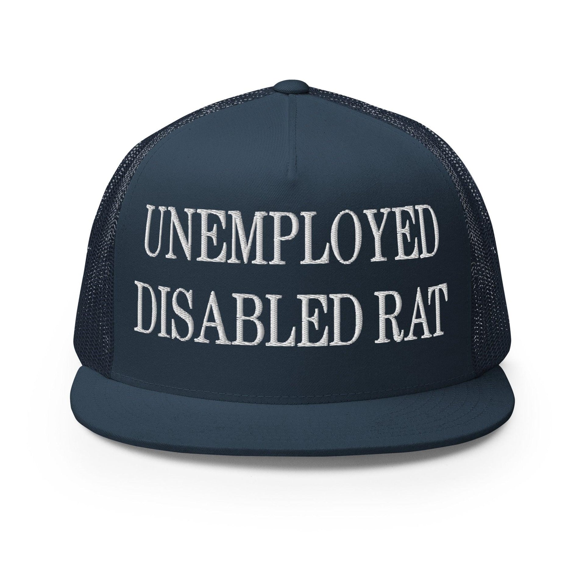 Unemployed Disabled Rat Embroidered Mesh Flat Bill Brim Trucker Hat Navy Capital Crowns Funny Trucker Hats