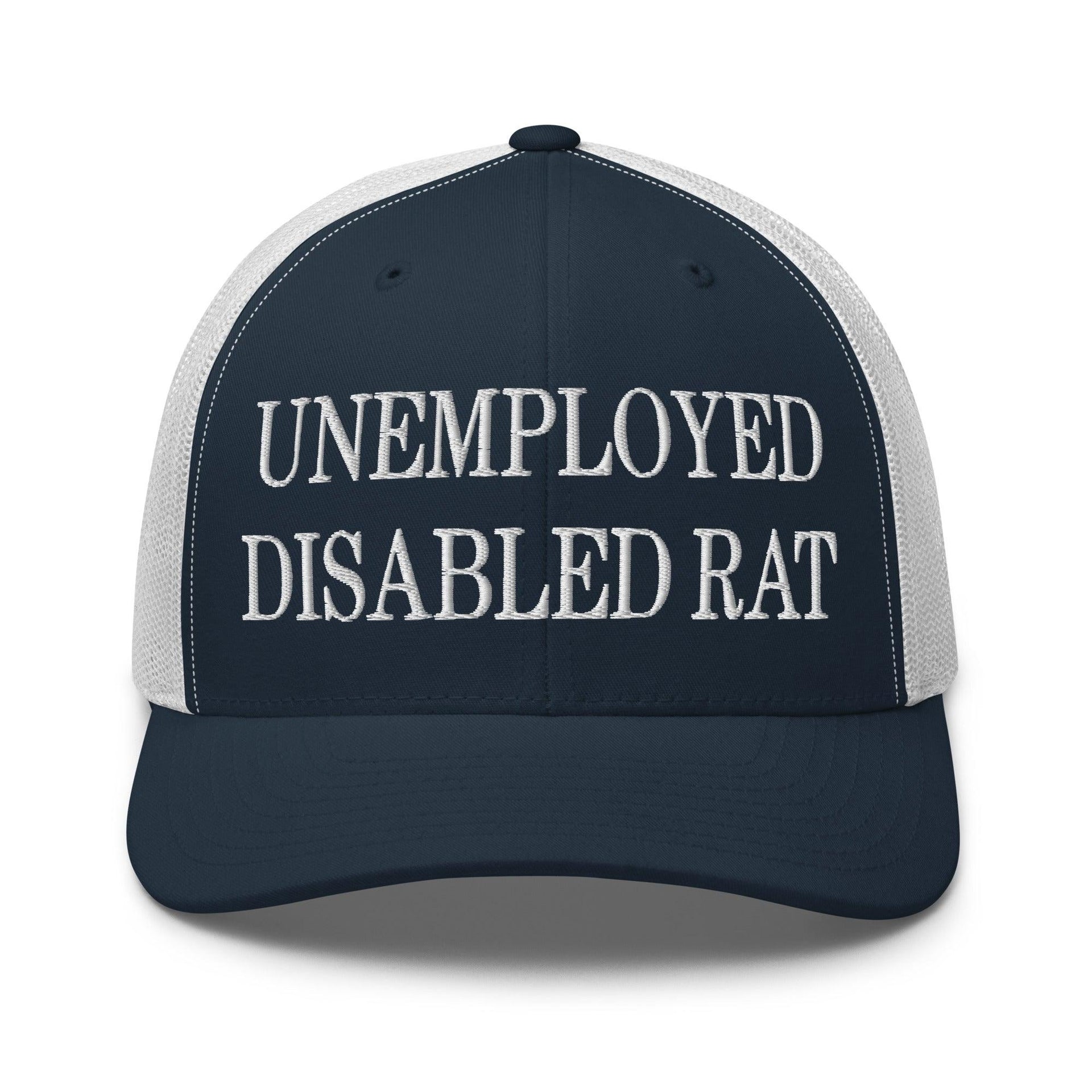 Unemployed Disabled Rat Embroidered Mesh Trucker Hat Navy White Capital Crowns Funny Trucker Hats