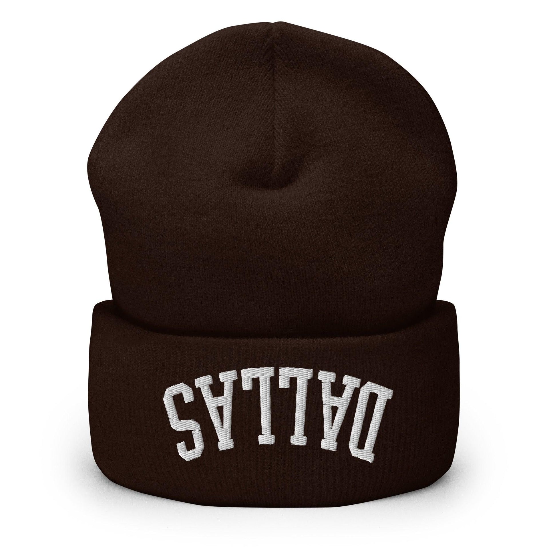 Upside Down Dallas Embroidered Knit Cuffed Beanie Brown Beanies Capital Crowns Dallas TX