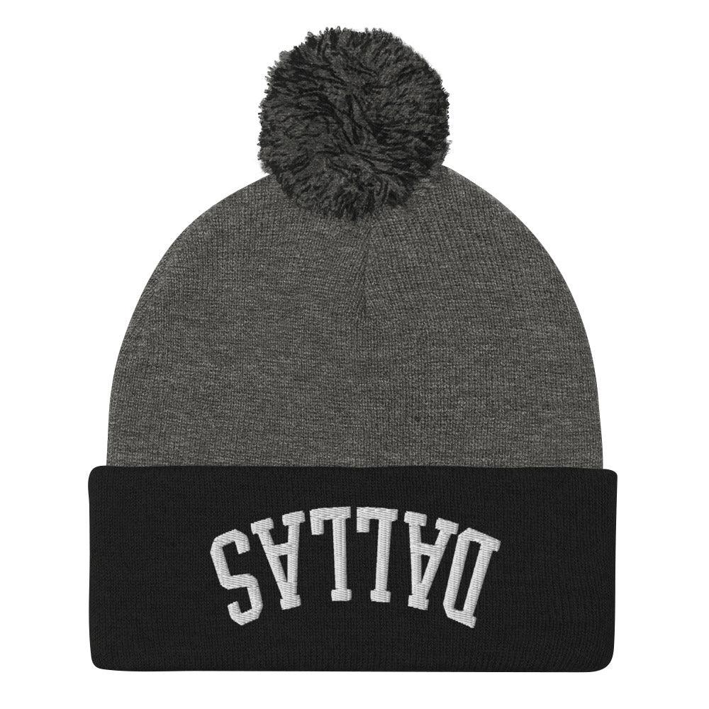 Upside Down Dallas Embroidered Knit Pom Pom Beanie Dark Heather Grey Black Beanies Capital Crowns Dallas TX