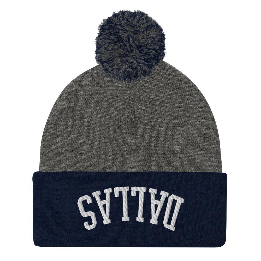 Upside Down Dallas Embroidered Knit Pom Pom Beanie Dark Heather Grey Navy Beanies Capital Crowns Dallas TX