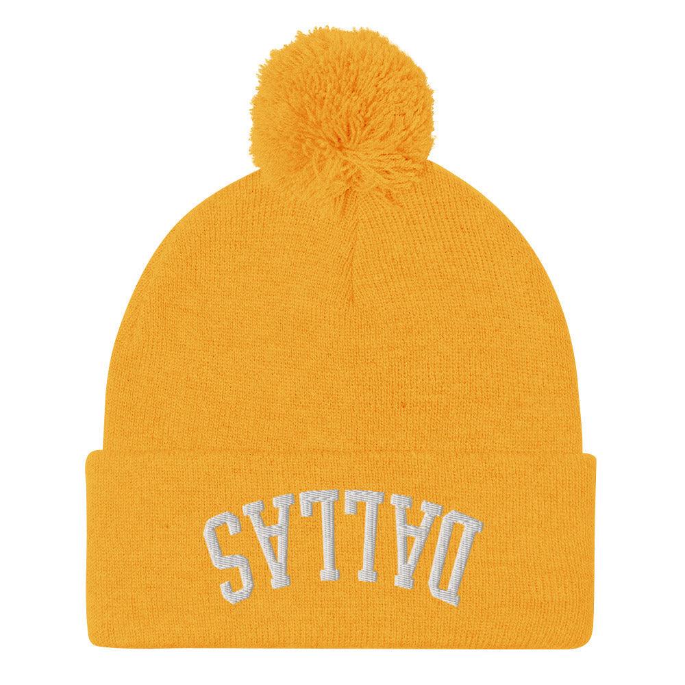 Upside Down Dallas Embroidered Knit Pom Pom Beanie Gold Beanies Capital Crowns Dallas TX