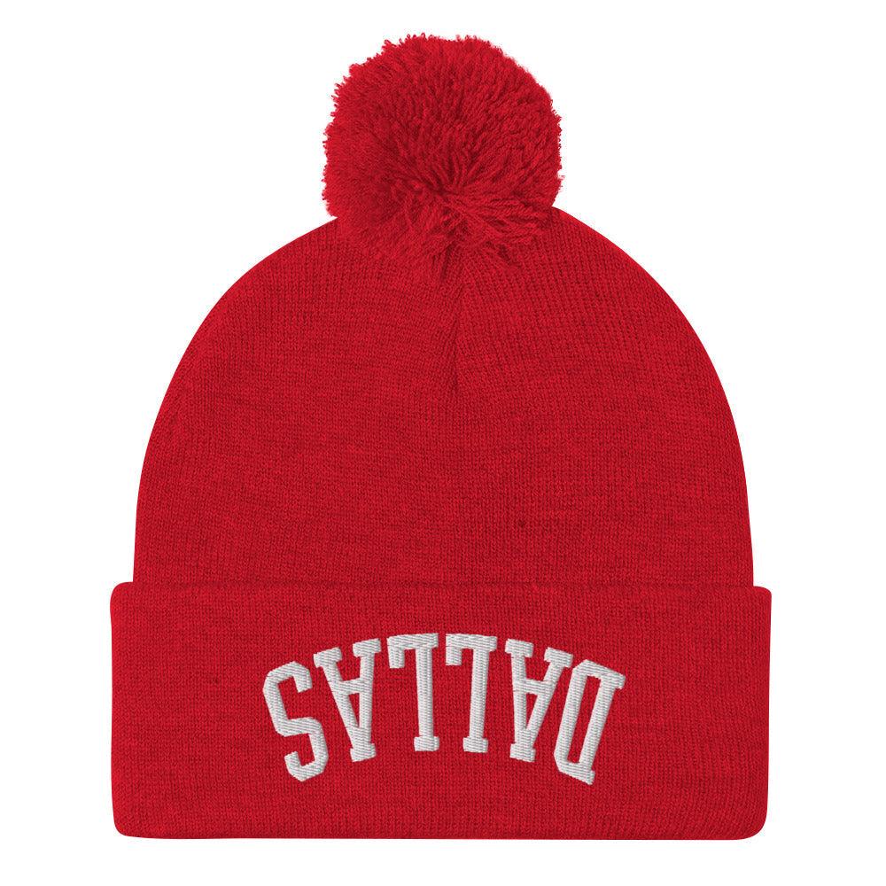 Upside Down Dallas Embroidered Knit Pom Pom Beanie Red Beanies Capital Crowns Dallas TX