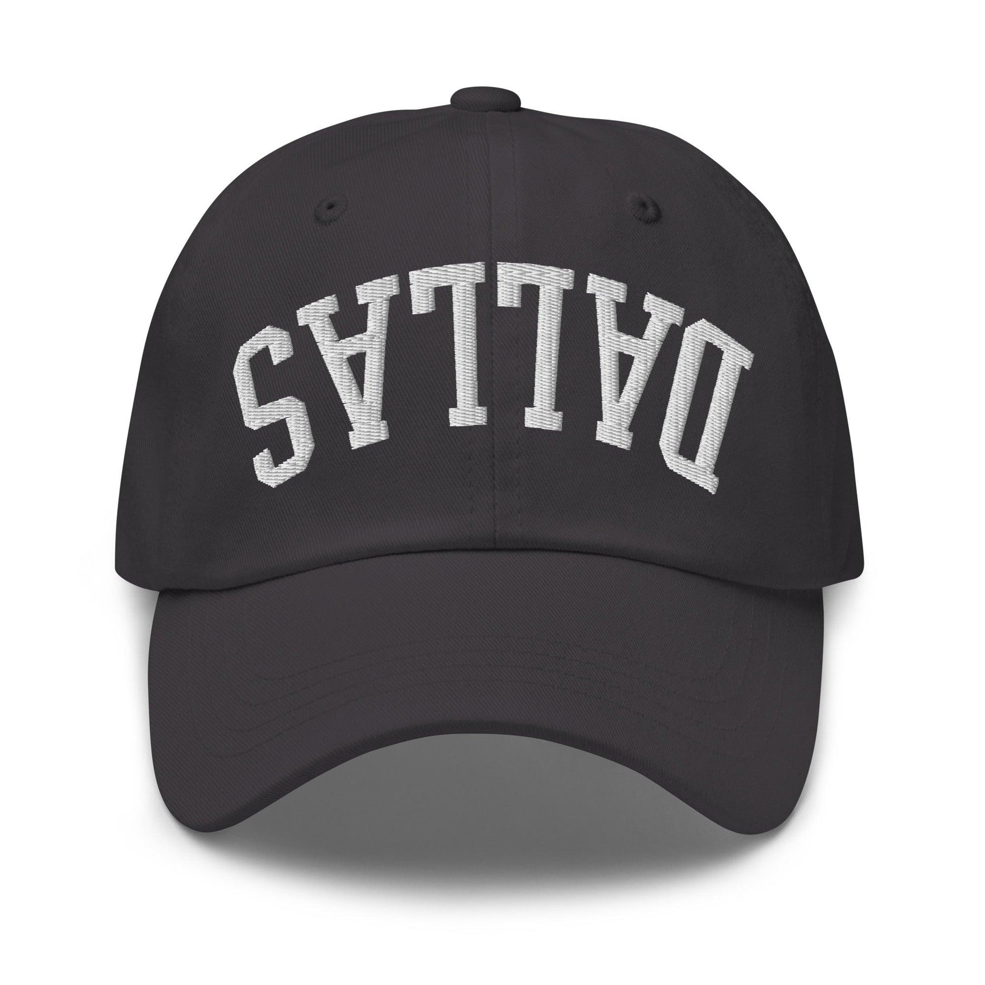 Upside Down Dallas Varsity Letterman Embroidered Dad Hat Dark Grey Capital Crowns Dad Hats Dallas TX