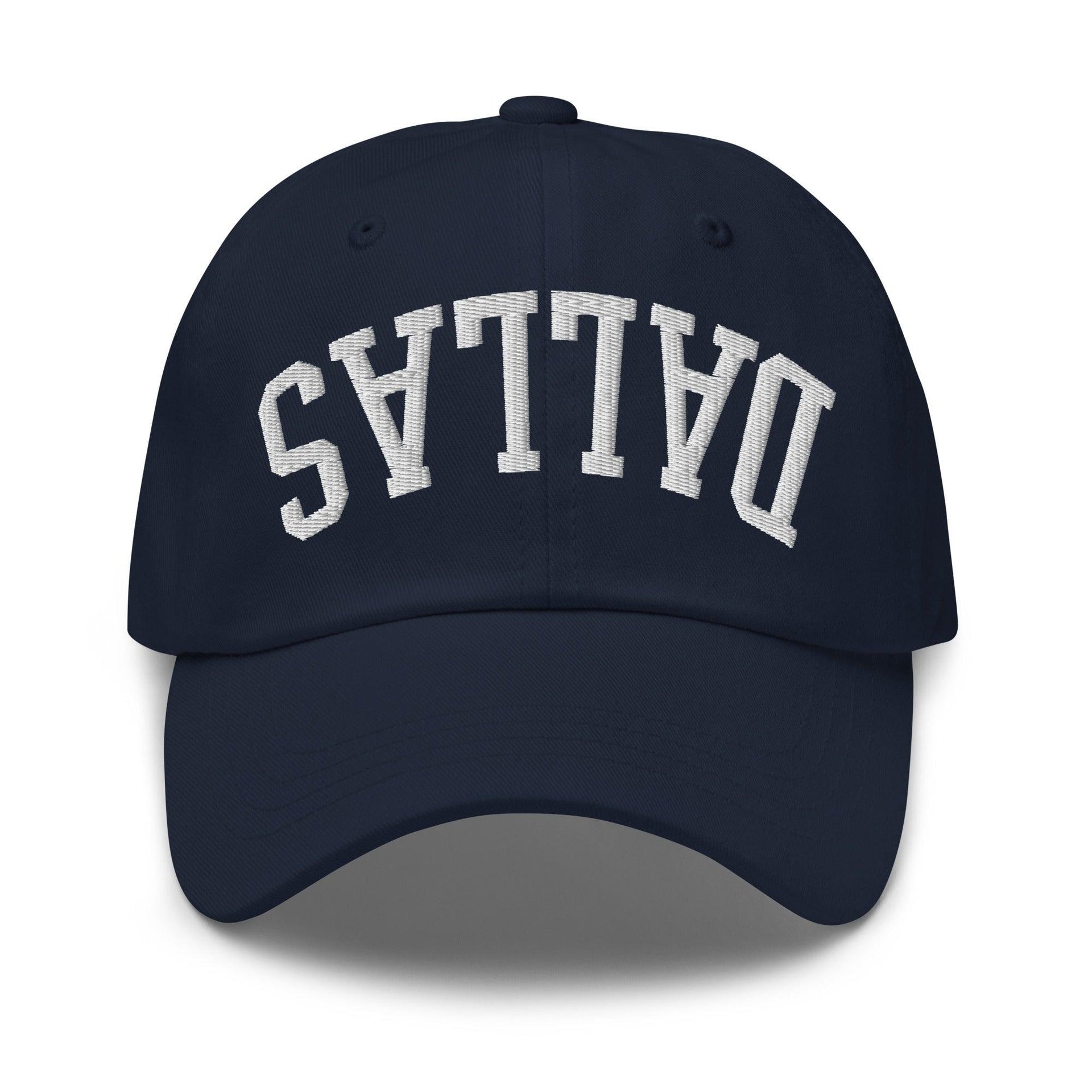 Upside Down Dallas Varsity Letterman Embroidered Dad Hat Navy Capital Crowns Dad Hats Dallas TX