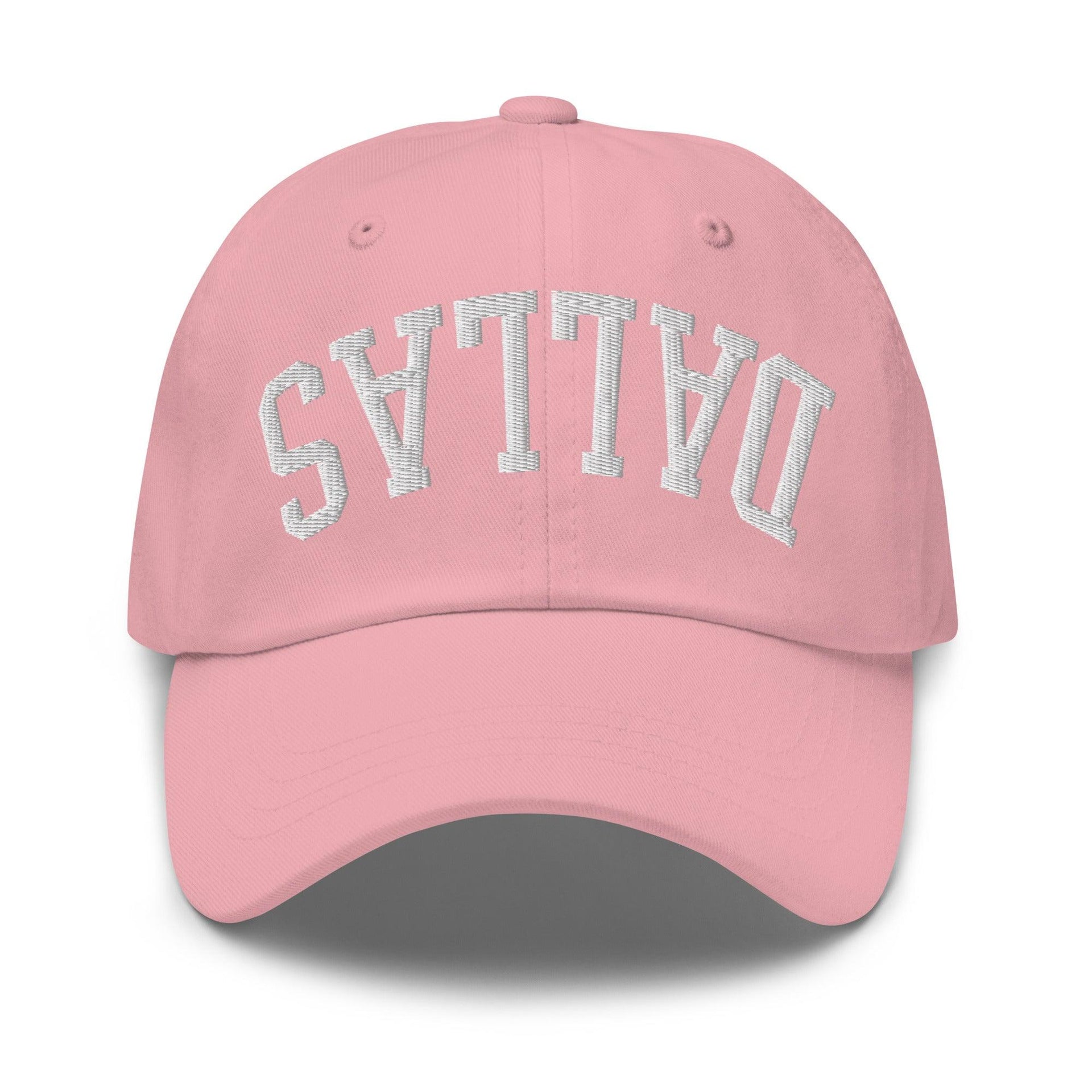 Upside Down Dallas Varsity Letterman Embroidered Dad Hat Pink Capital Crowns Dad Hats Dallas TX
