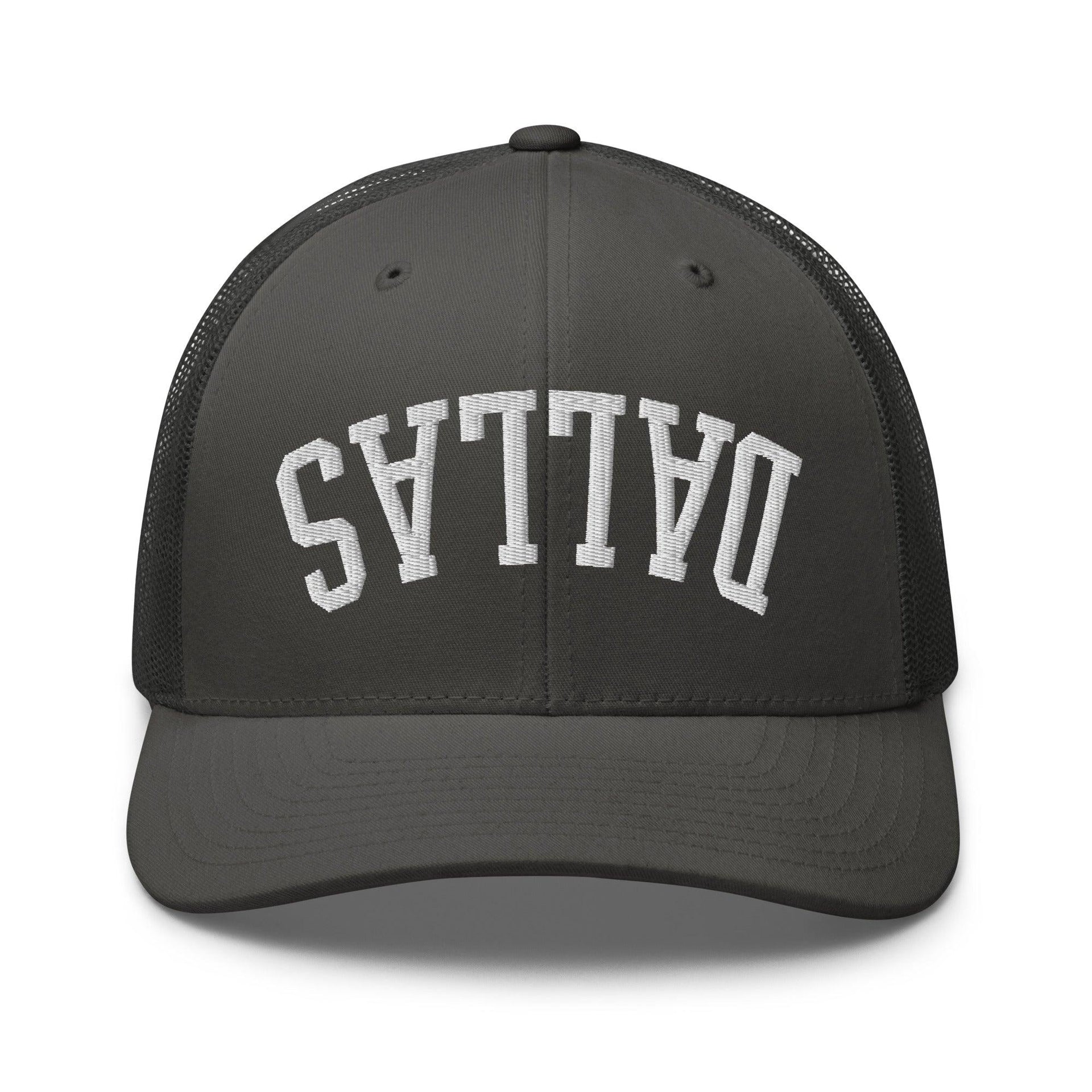 Upside Down Dallas Varsity Letterman Embroidered Mesh Trucker Hat Charcoal Capital Crowns Dallas Trucker Hats TX