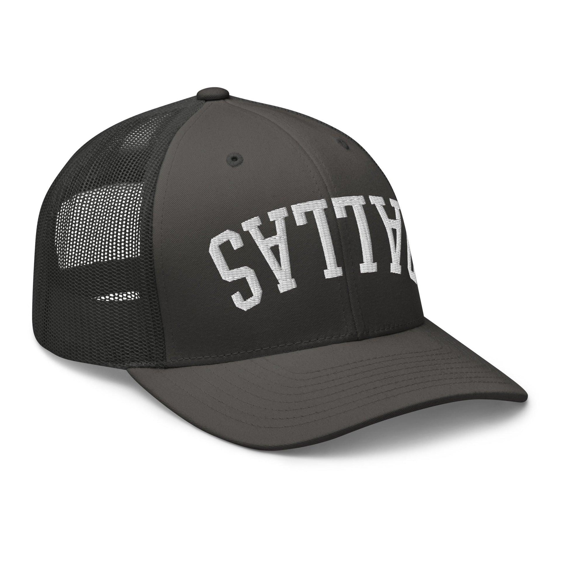 Upside Down Dallas Varsity Letterman Embroidered Mesh Trucker Hat Capital Crowns Dallas Trucker Hats TX