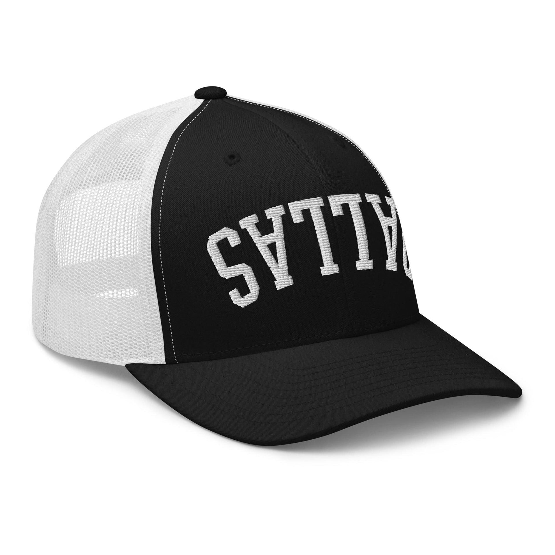 Upside Down Dallas Varsity Letterman Embroidered Mesh Trucker Hat Capital Crowns Dallas Trucker Hats TX