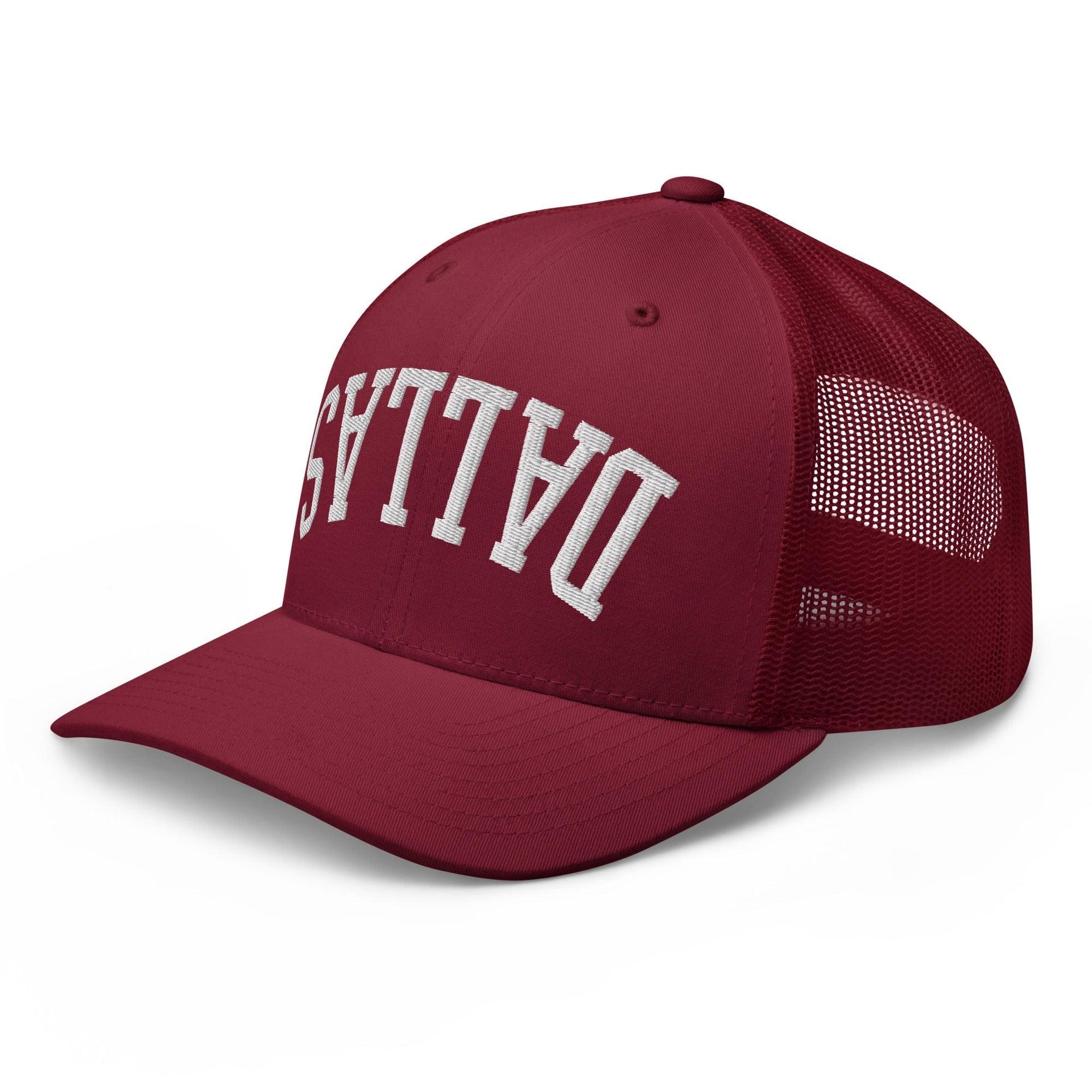 Upside Down Dallas Varsity Letterman Embroidered Mesh Trucker Hat Capital Crowns Dallas Trucker Hats TX