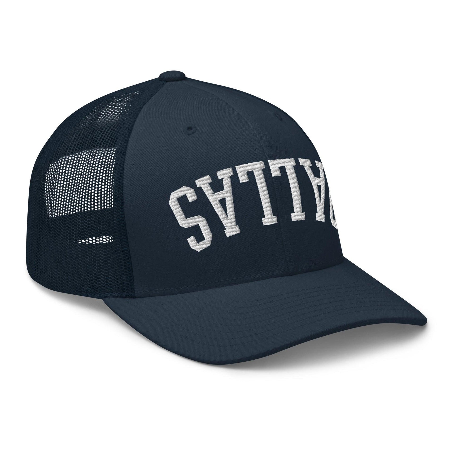 Upside Down Dallas Varsity Letterman Embroidered Mesh Trucker Hat Capital Crowns Dallas Trucker Hats TX