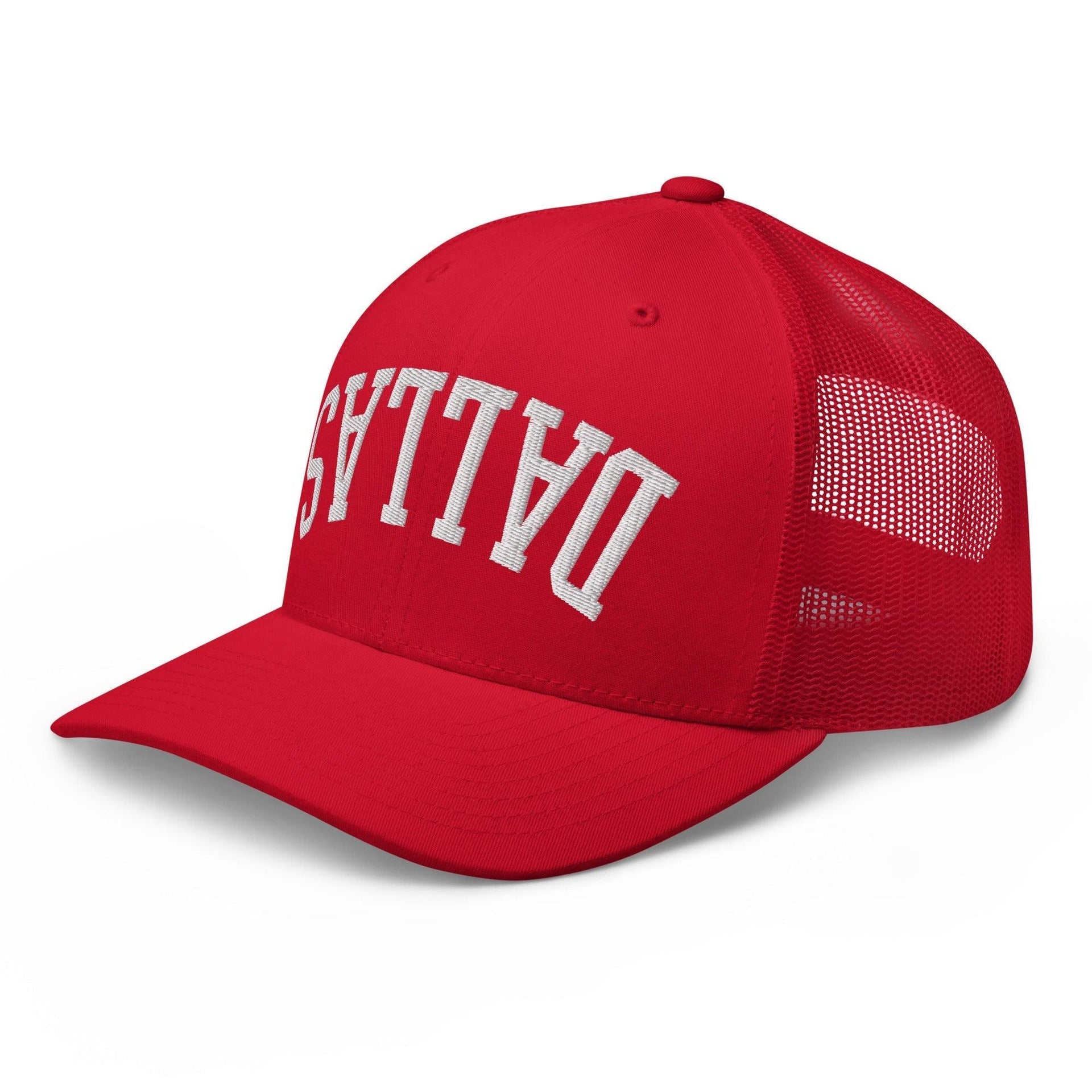 Upside Down Dallas Varsity Letterman Embroidered Mesh Trucker Hat Capital Crowns Dallas Trucker Hats TX
