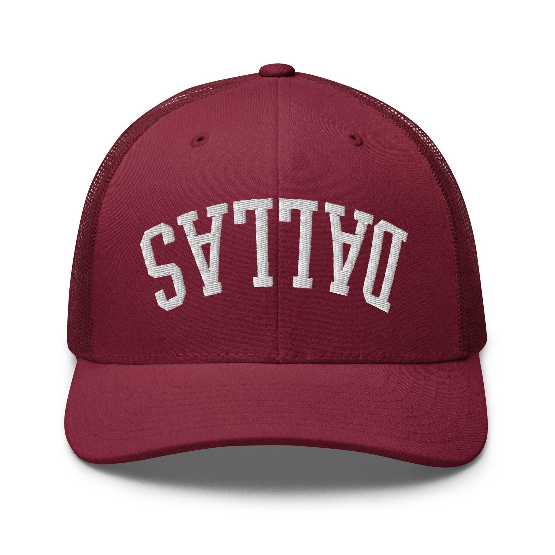 Upside Down Dallas Varsity Letterman Embroidered Mesh Trucker Hat Cranberry Capital Crowns Dallas Trucker Hats TX