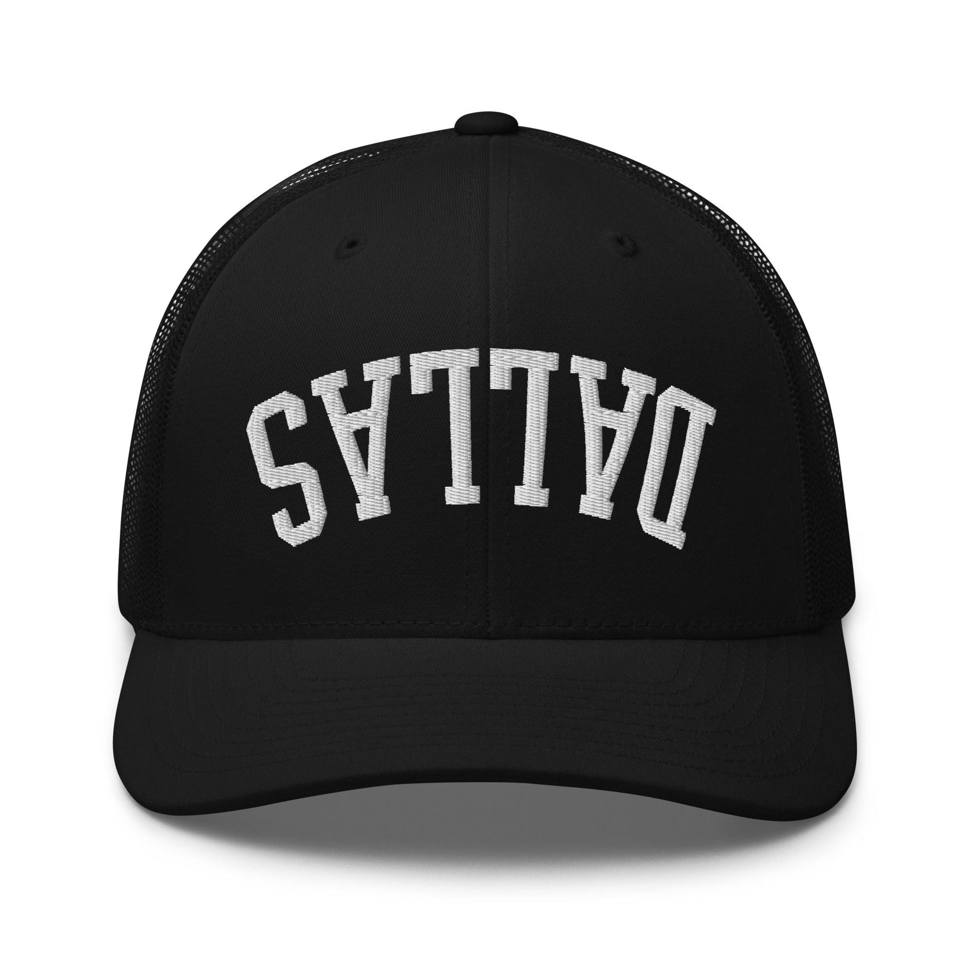 Upside Down Dallas Varsity Letterman Embroidered Mesh Trucker Hat Black Capital Crowns Dallas Trucker Hats TX