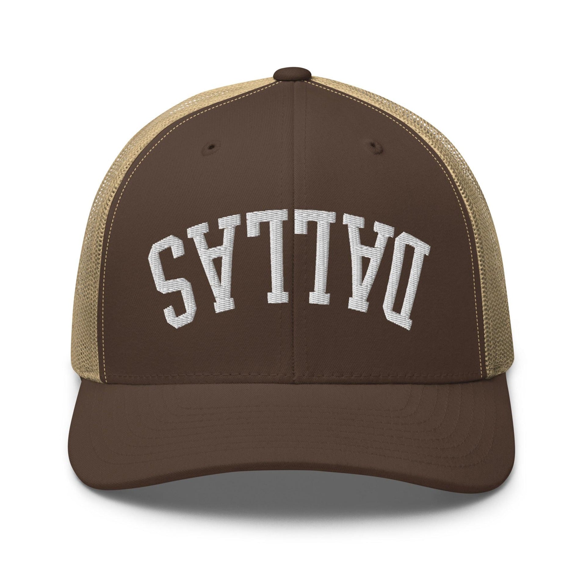 Upside Down Dallas Varsity Letterman Embroidered Mesh Trucker Hat Brown Khaki Capital Crowns Dallas Trucker Hats TX
