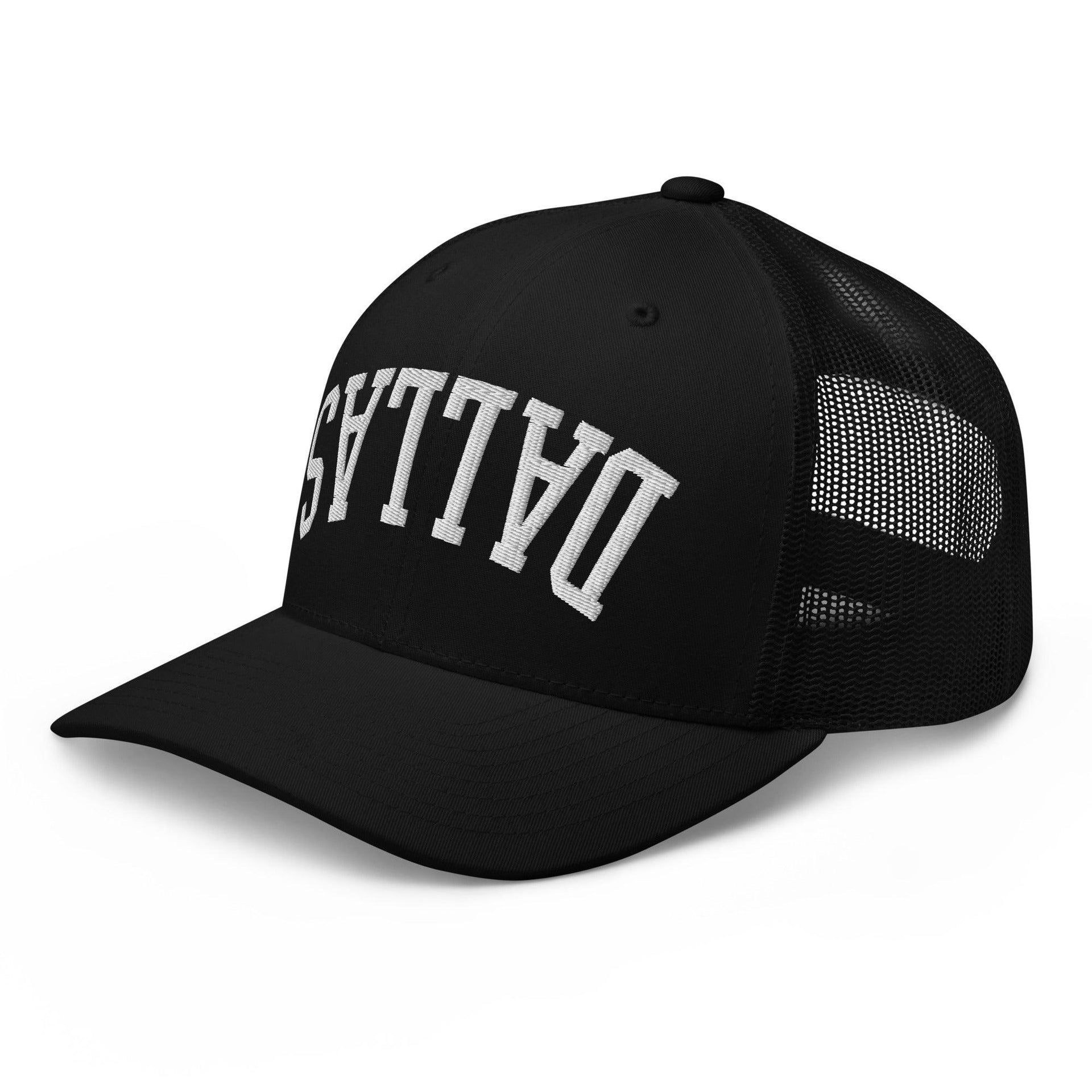 Upside Down Dallas Varsity Letterman Embroidered Mesh Trucker Hat Capital Crowns Dallas Trucker Hats TX