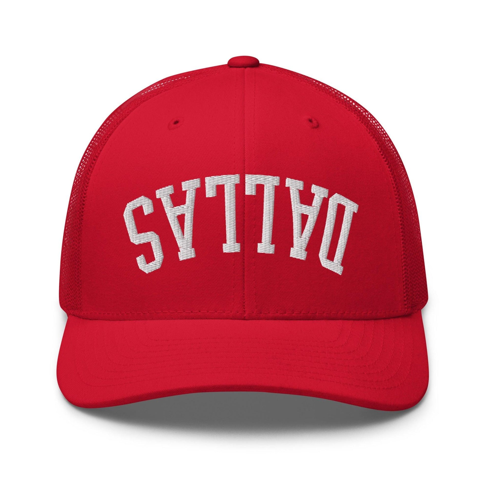 Upside Down Dallas Varsity Letterman Embroidered Mesh Trucker Hat Red Capital Crowns Dallas Trucker Hats TX
