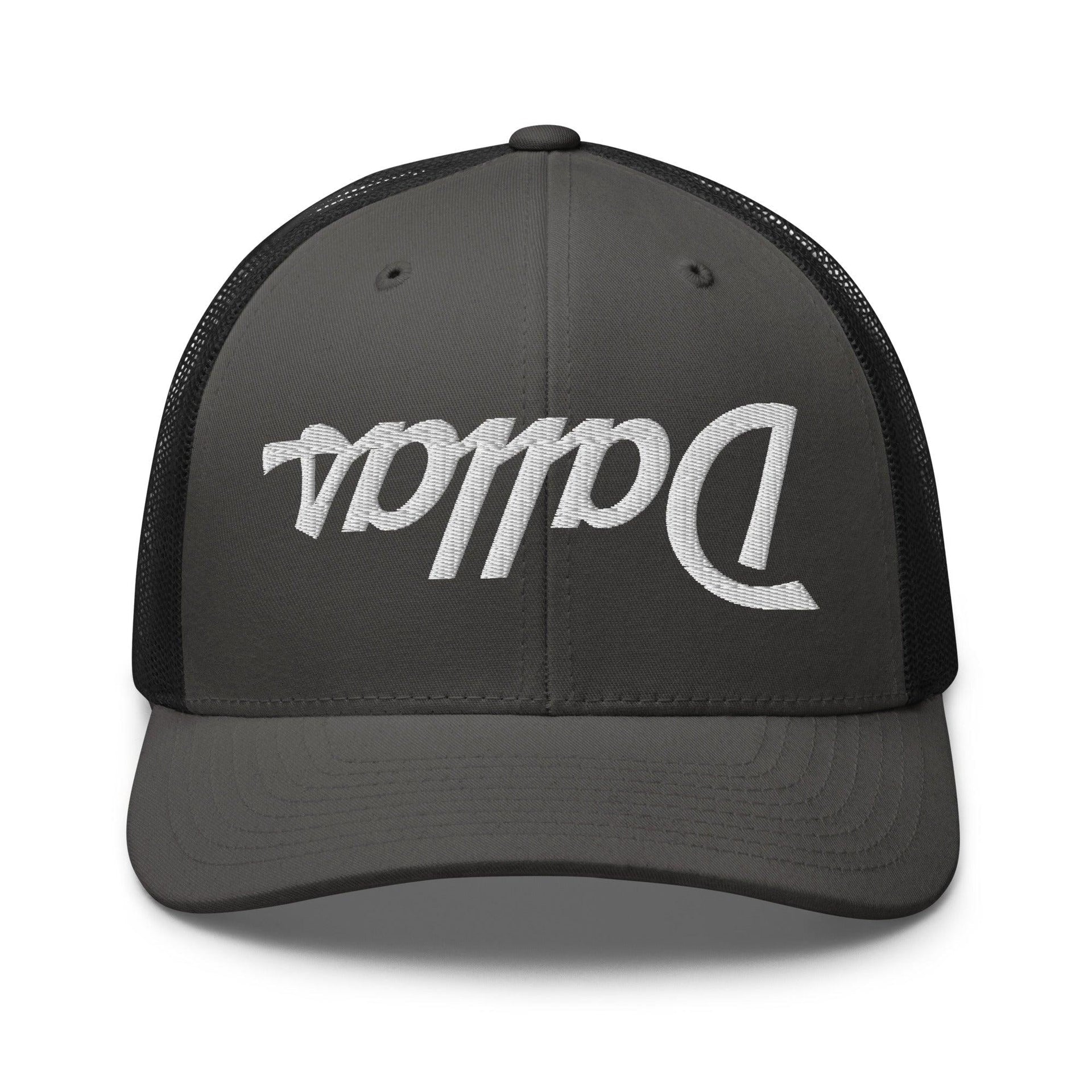 Upside Down Dallas Vintage Sports Script Embroidered Mesh Trucker Hat Charcoal Black Capital Crowns Dallas Trucker Hats TX