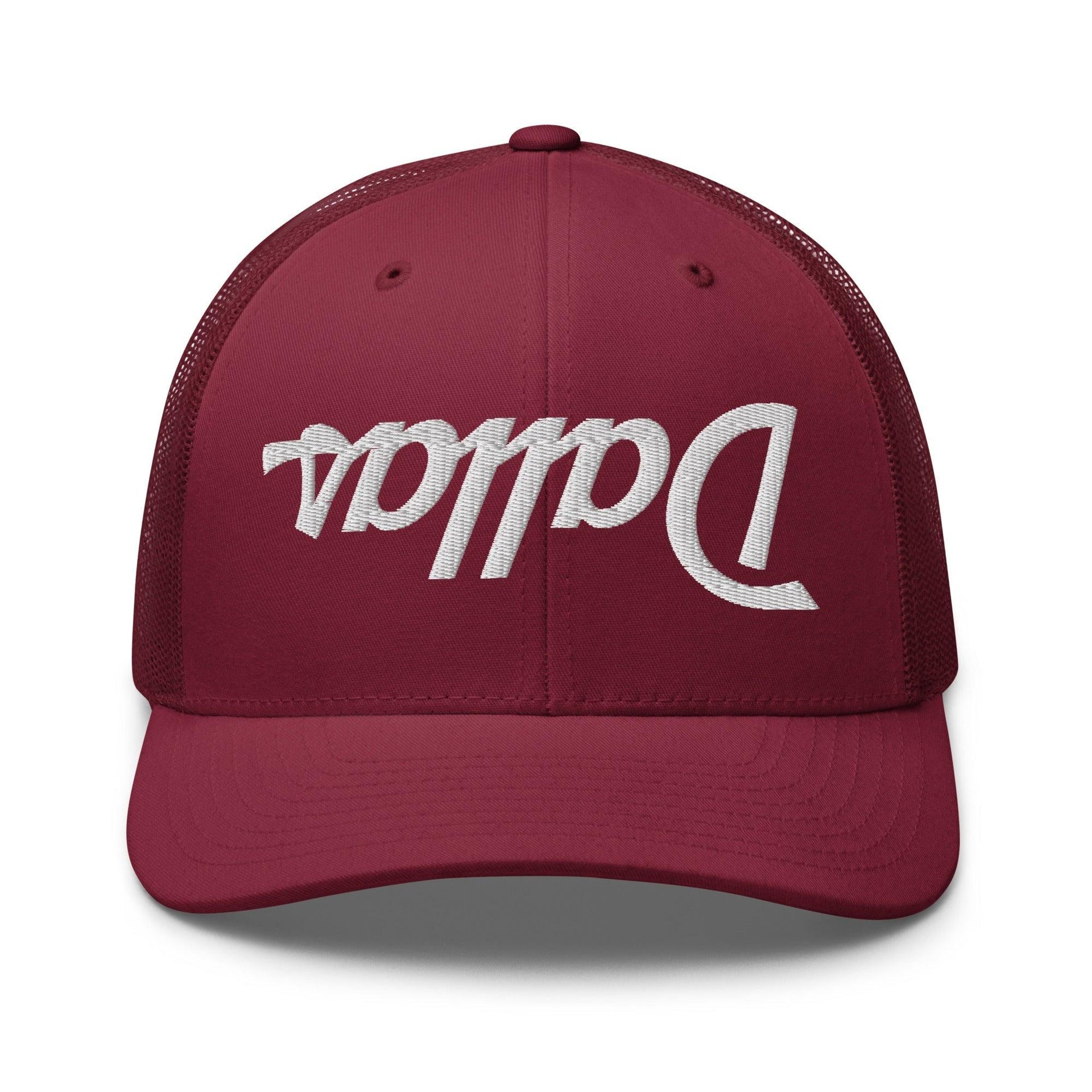 Upside Down Dallas Vintage Sports Script Embroidered Mesh Trucker Hat Cranberry Capital Crowns Dallas Trucker Hats TX