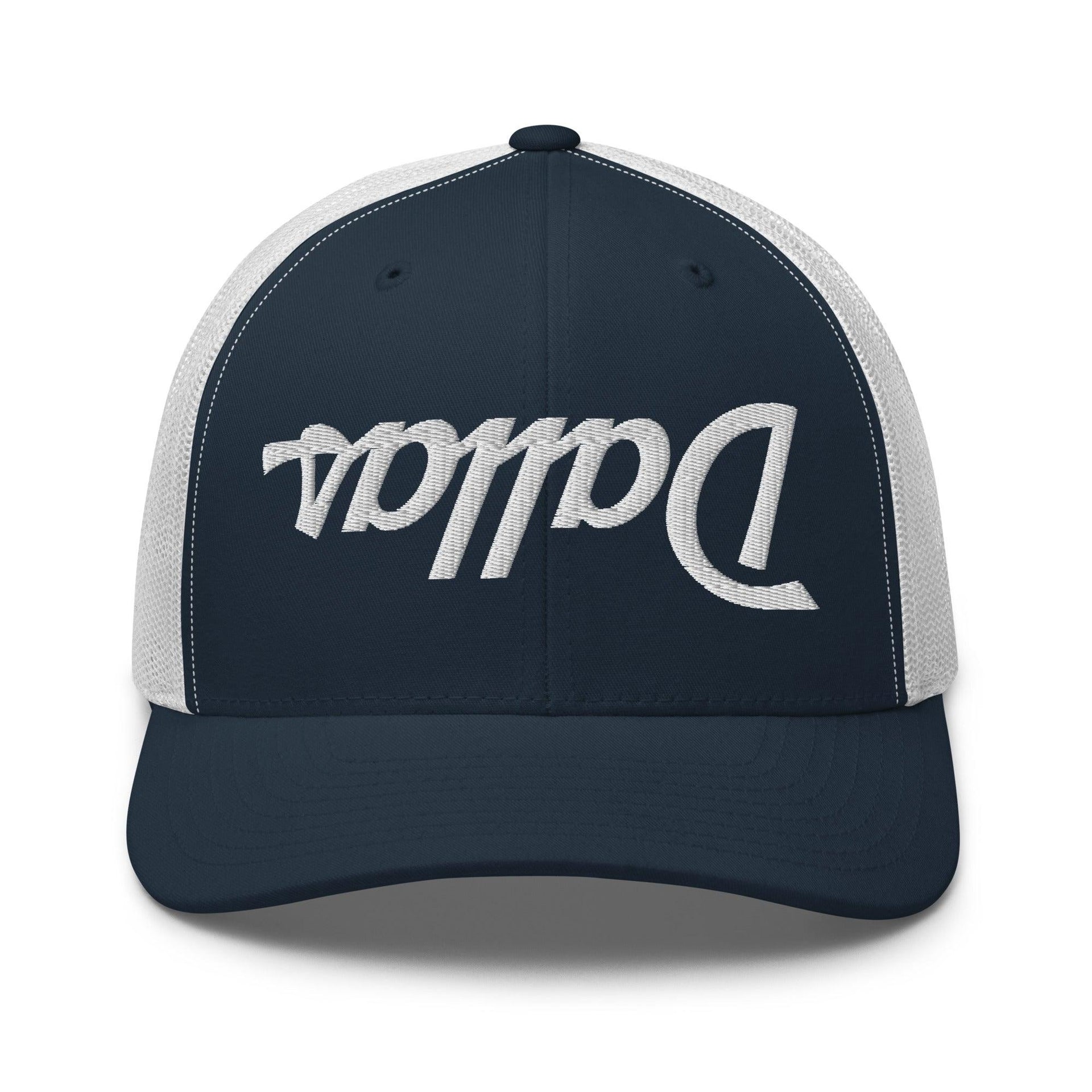Upside Down Dallas Vintage Sports Script Embroidered Mesh Trucker Hat Navy White Capital Crowns Dallas Trucker Hats TX
