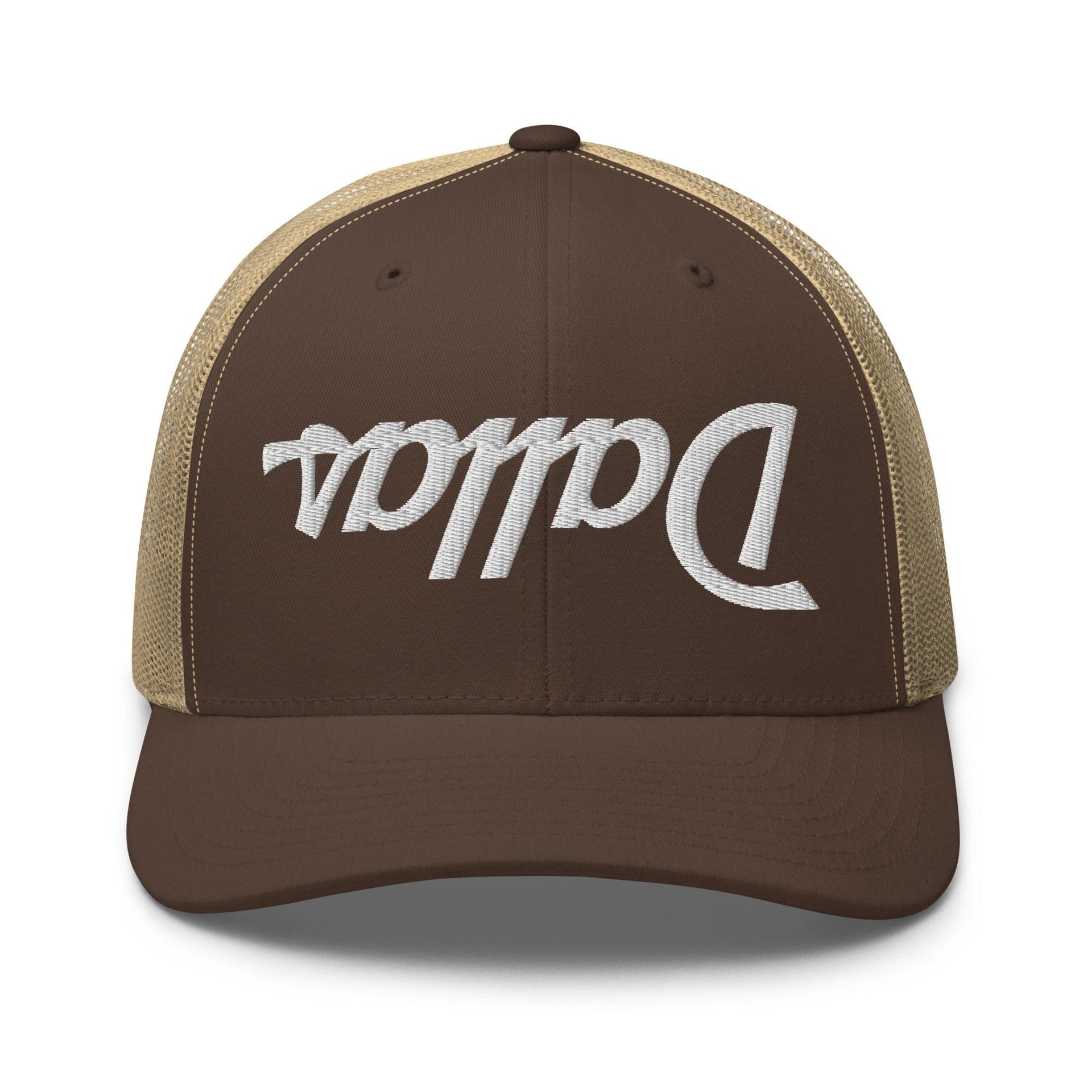 Upside Down Dallas Vintage Sports Script Embroidered Mesh Trucker Hat Brown Khaki Capital Crowns Dallas Trucker Hats TX