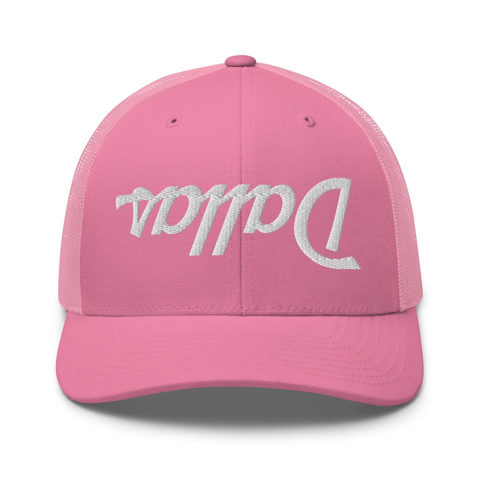 Upside Down Dallas Vintage Sports Script Embroidered Mesh Trucker Hat Pink Capital Crowns Dallas Trucker Hats TX