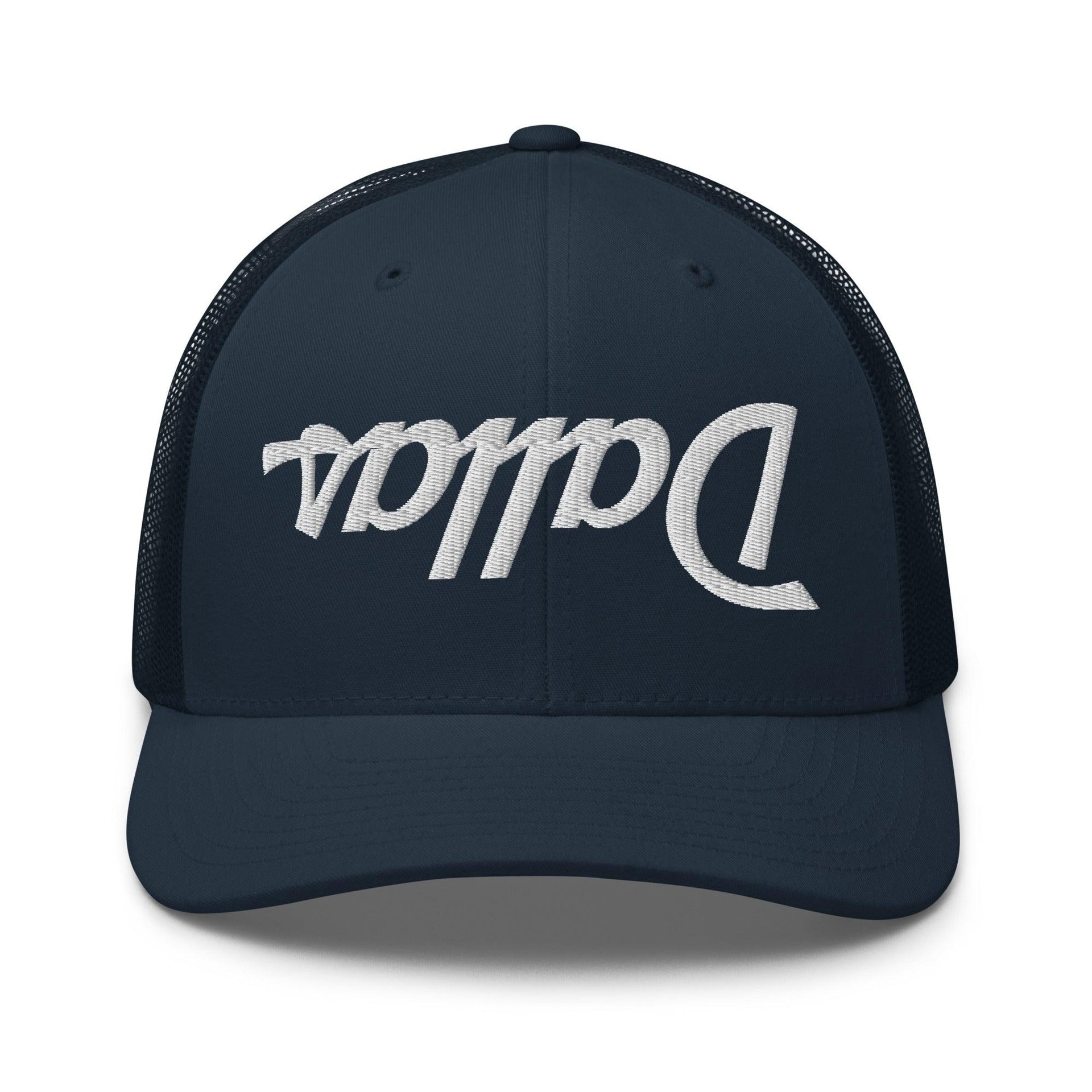 Upside Down Dallas Vintage Sports Script Embroidered Mesh Trucker Hat Navy Capital Crowns Dallas Trucker Hats TX