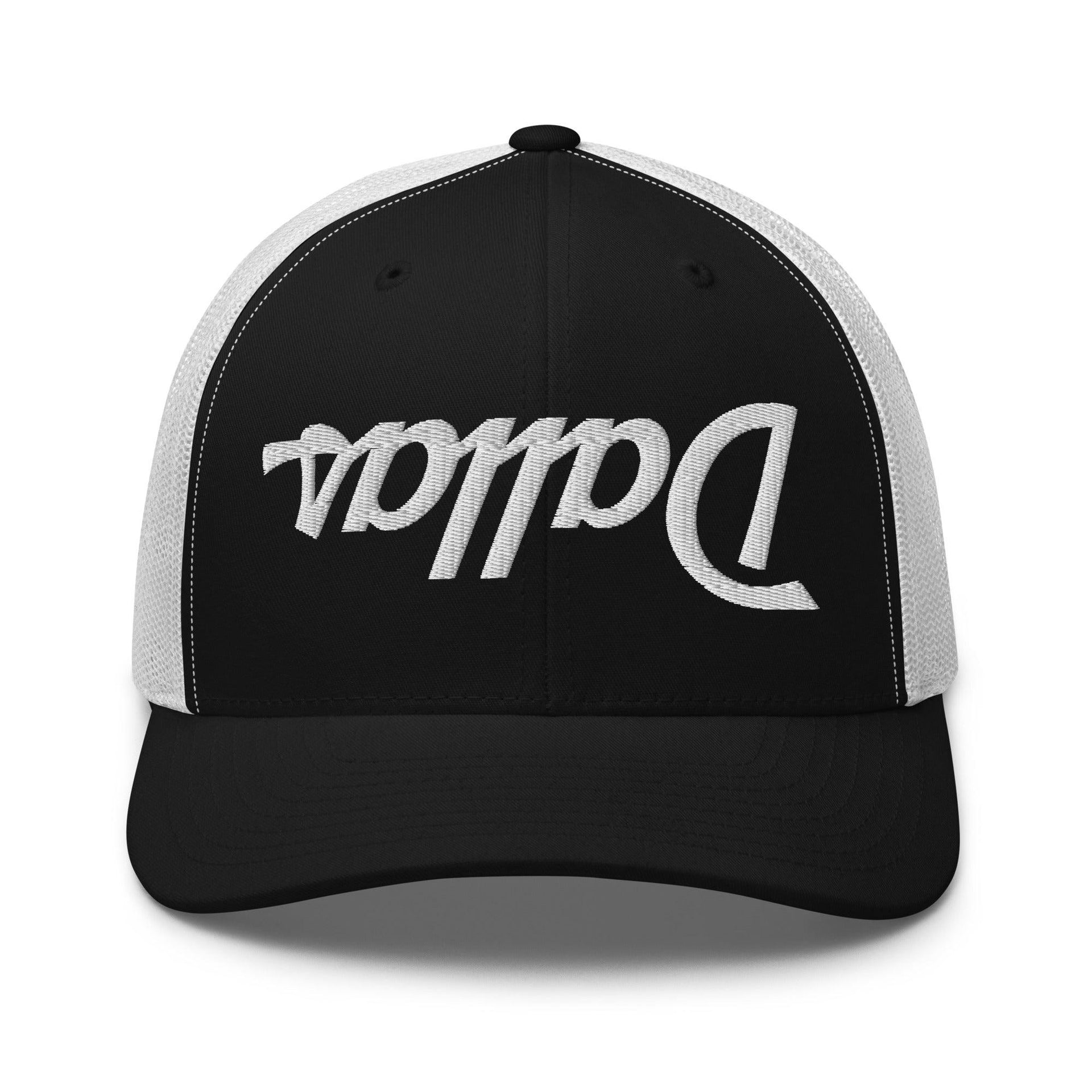 Upside Down Dallas Vintage Sports Script Embroidered Mesh Trucker Hat Black White Capital Crowns Dallas Trucker Hats TX