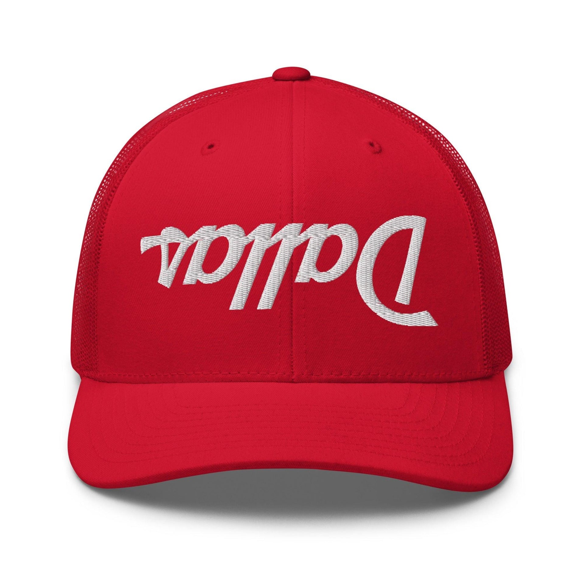 Upside Down Dallas Vintage Sports Script Embroidered Mesh Trucker Hat Red Capital Crowns Dallas Trucker Hats TX