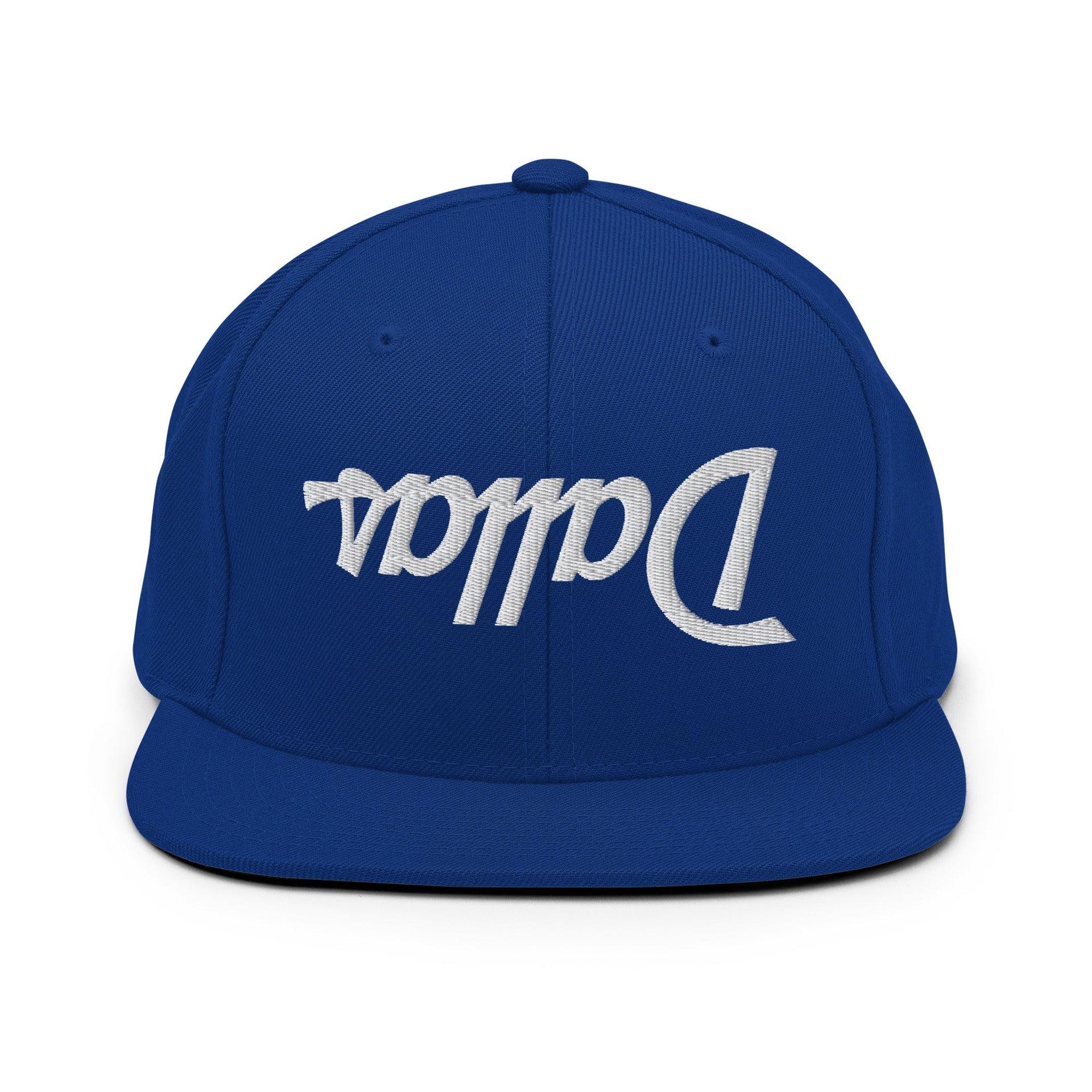 Upside Down Dallas Vintage Sports Script Flat Bill Brim Snapback Hat Royal Blue Capital Crowns Dallas Snapback Hats TX