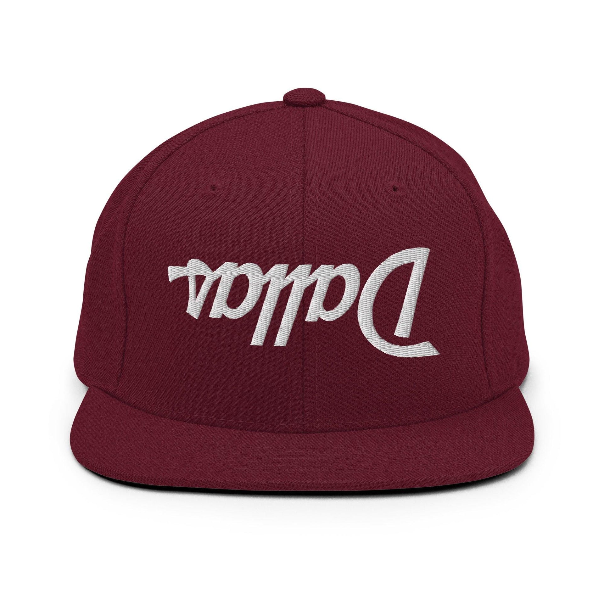 Upside Down Dallas Vintage Sports Script Flat Bill Brim Snapback Hat Maroon Capital Crowns Dallas Snapback Hats TX