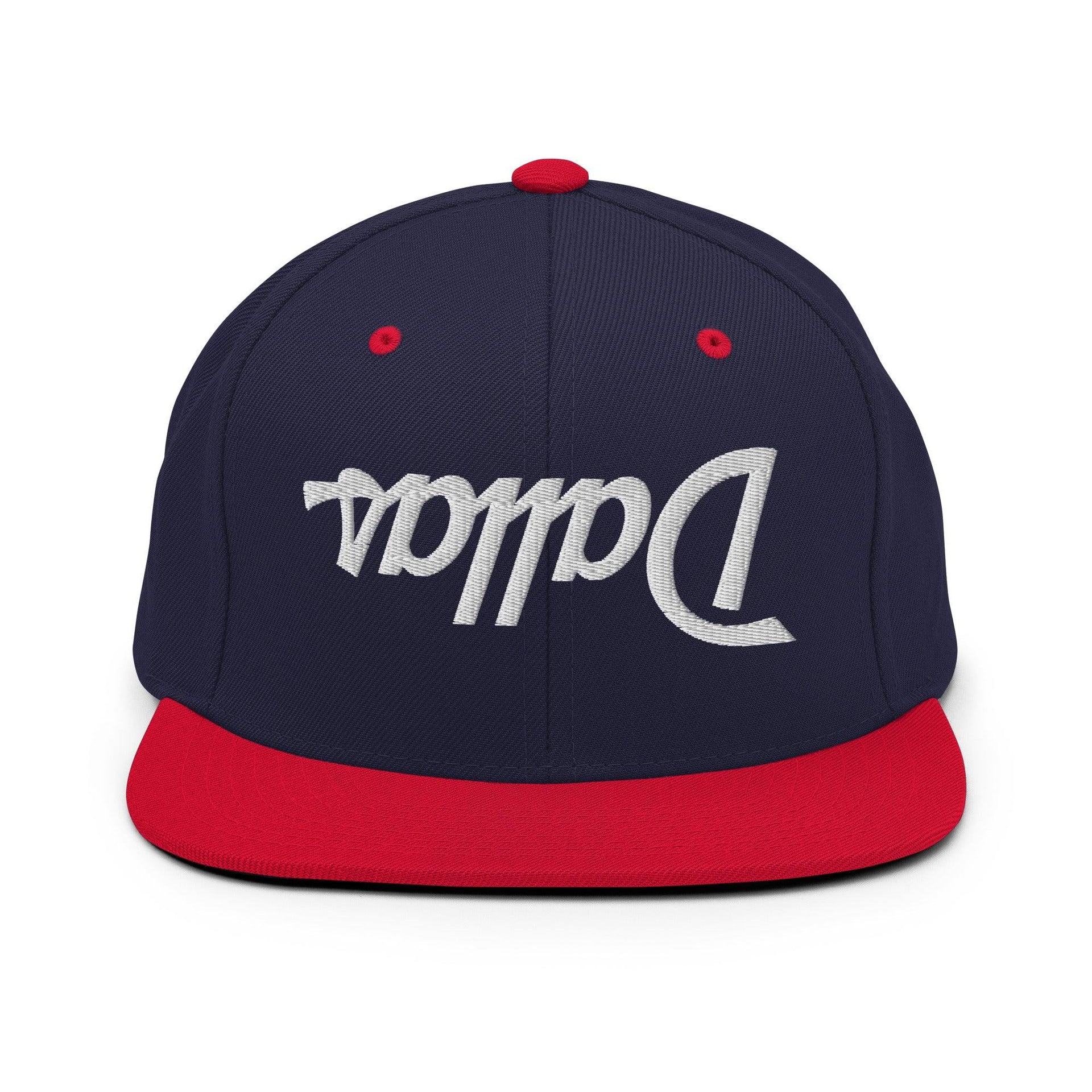 Upside Down Dallas Vintage Sports Script Flat Bill Brim Snapback Hat Navy Red Capital Crowns Dallas Snapback Hats TX