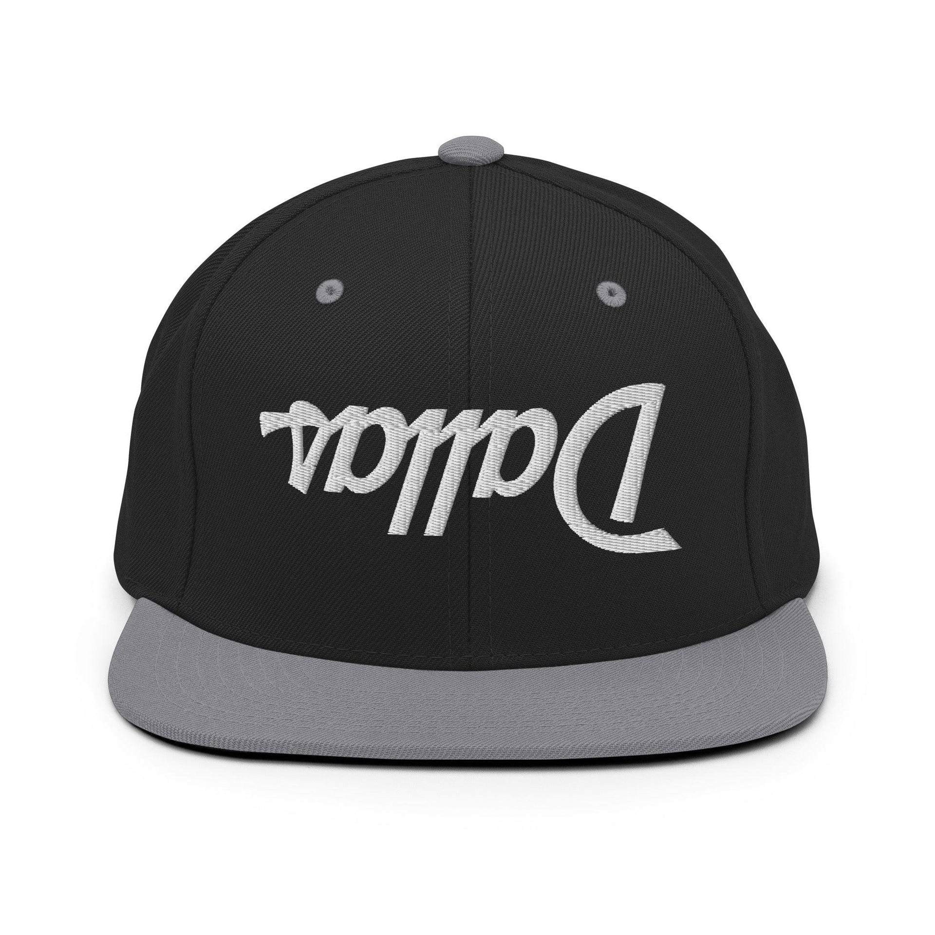 Upside Down Dallas Vintage Sports Script Flat Bill Brim Snapback Hat Black Silver Capital Crowns Dallas Snapback Hats TX
